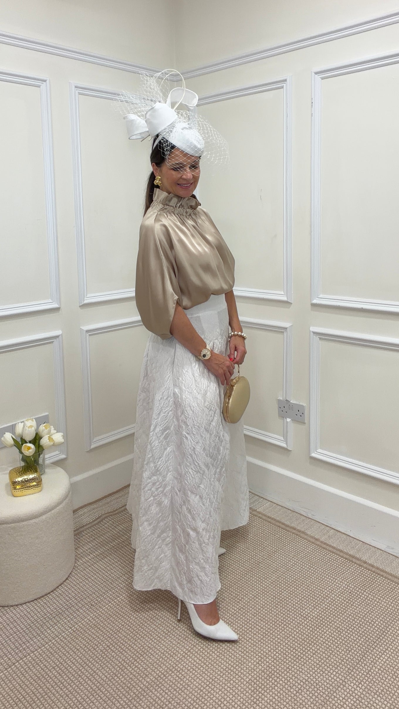 Roisin Linnane Halston White Jacquard Skirt