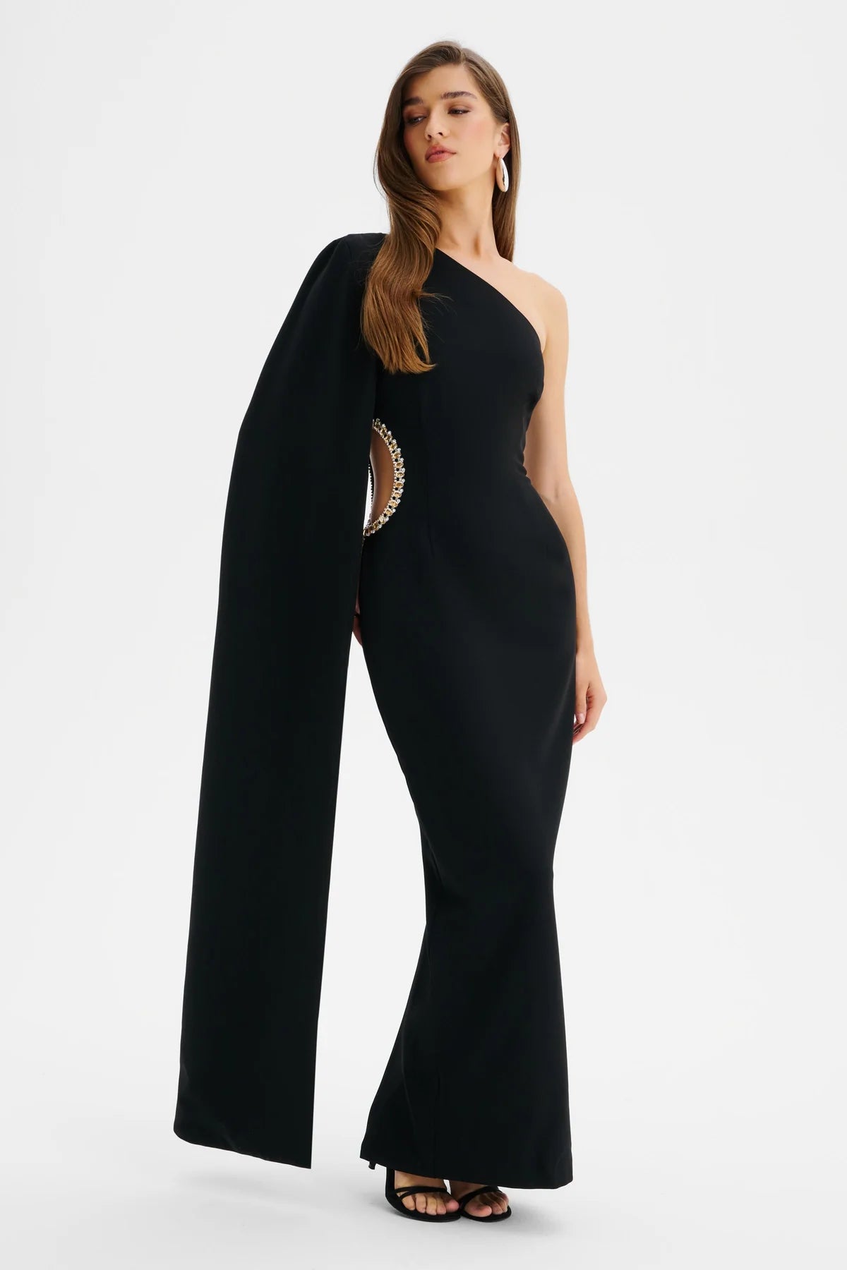 Viviana Asymmetric Embellished Cut Out Maxi Cape Dress In Black – Fusion Fashion