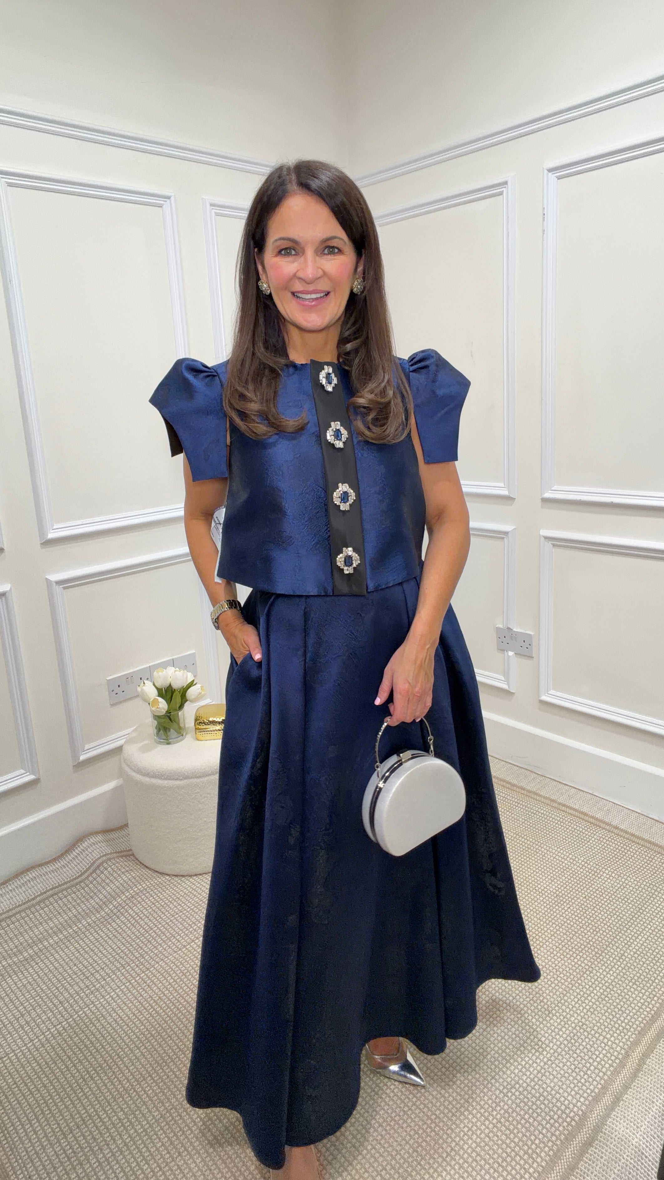 Estee Navy Embossed Blouse & Skirt Co-ord