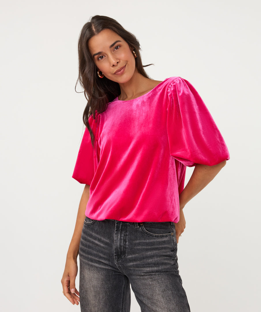 Sara Pink Puff Sleeve Velvet Top