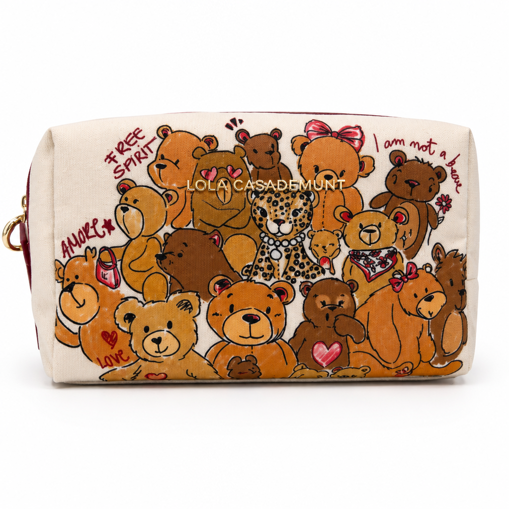 Novi Beige Bear Print Toiletry Bag with Red Trim
