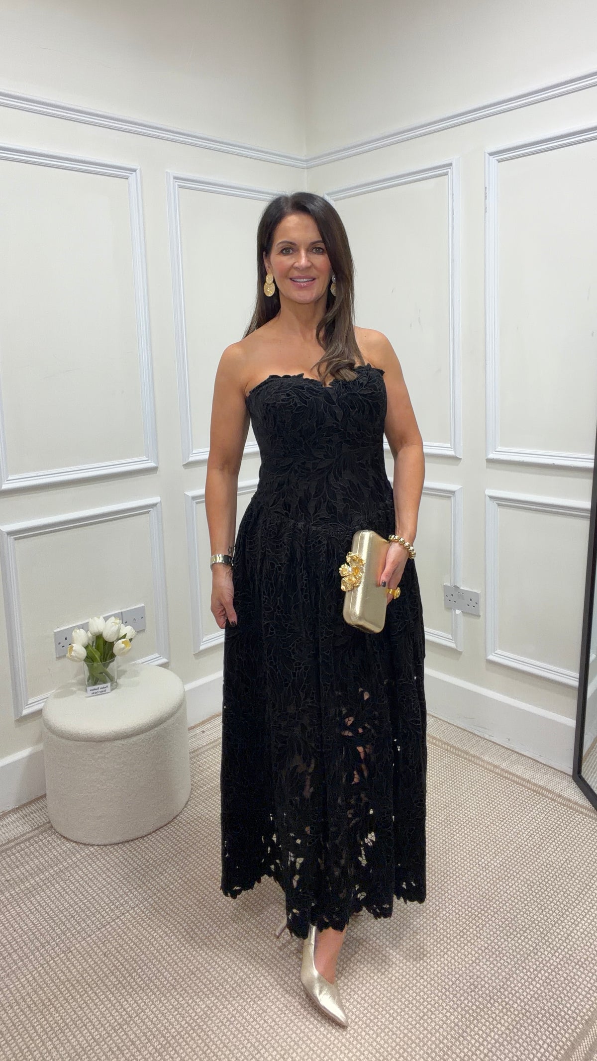 Arabella Velvet Guipure Lace Strapless Midi Dress In Black