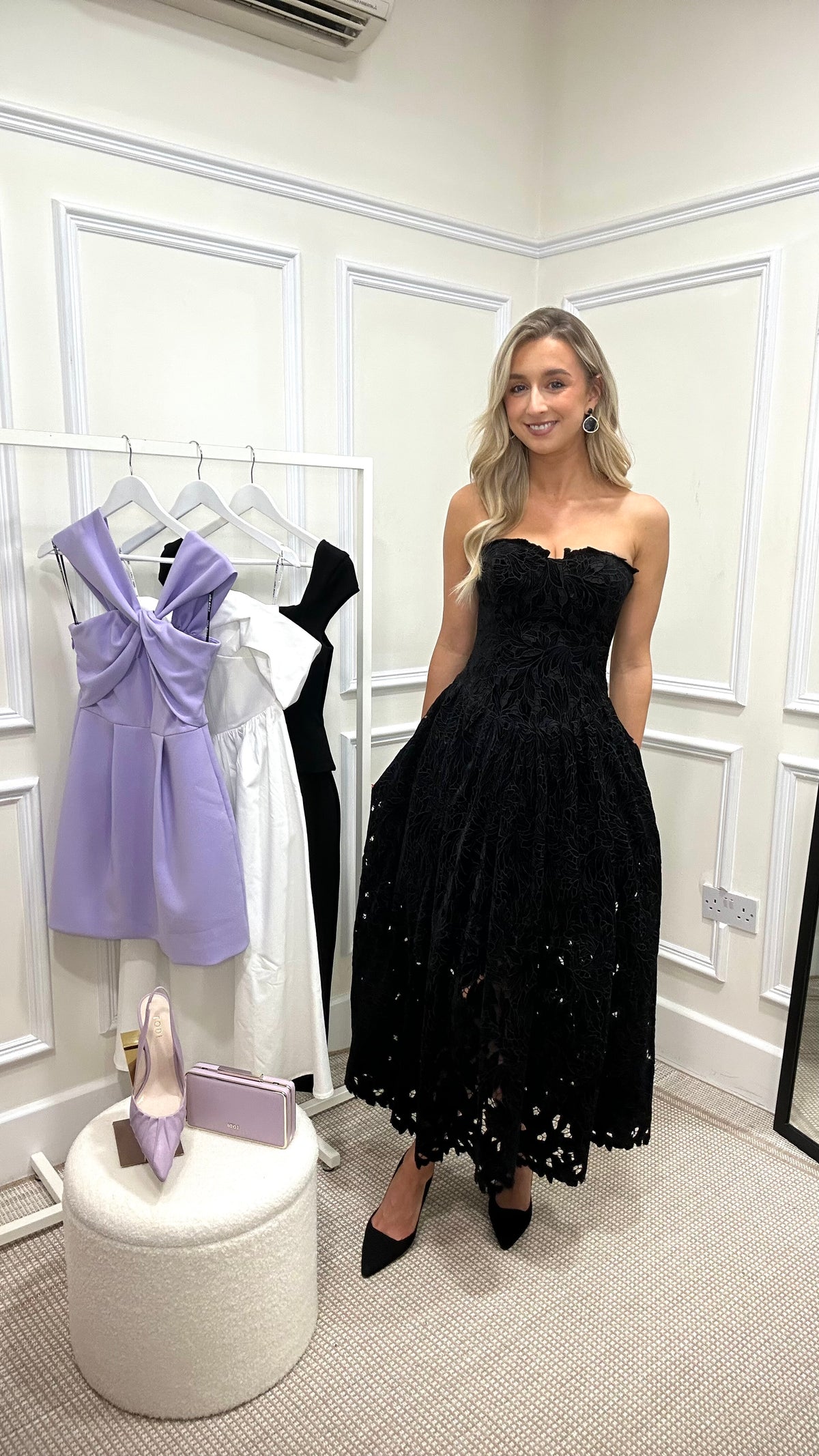 Arabella Velvet Guipure Lace Strapless Midi Dress In Black