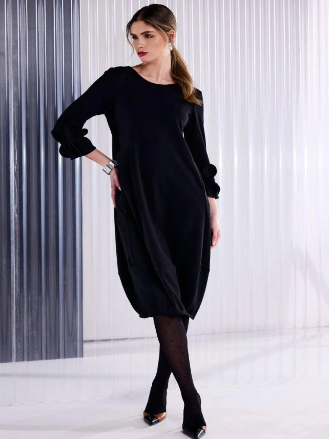 Bea Black Midi Dress with Ruffled Sleeves