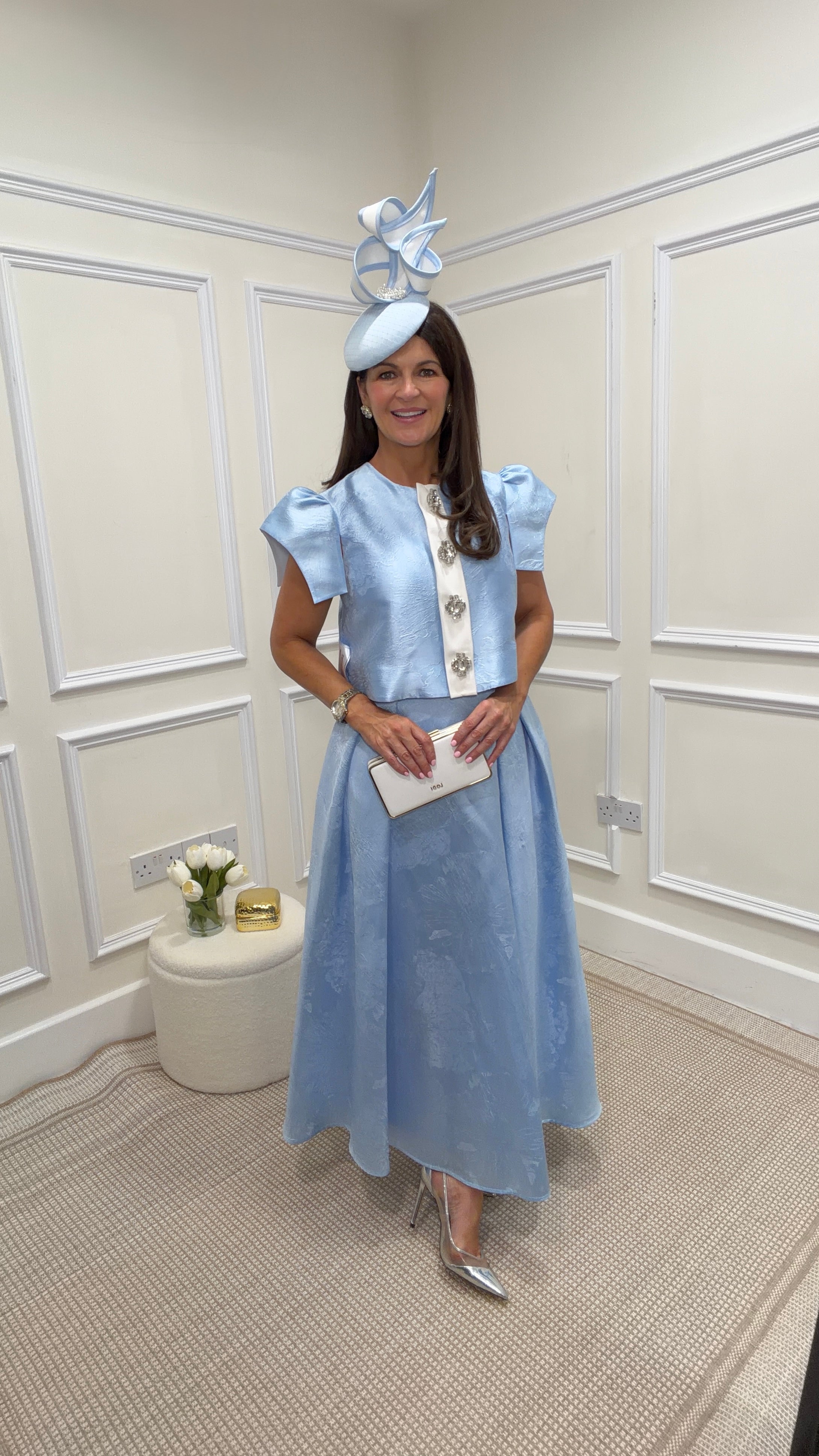Estee Sky Blue Embossed Blouse & Skirt Co-ord