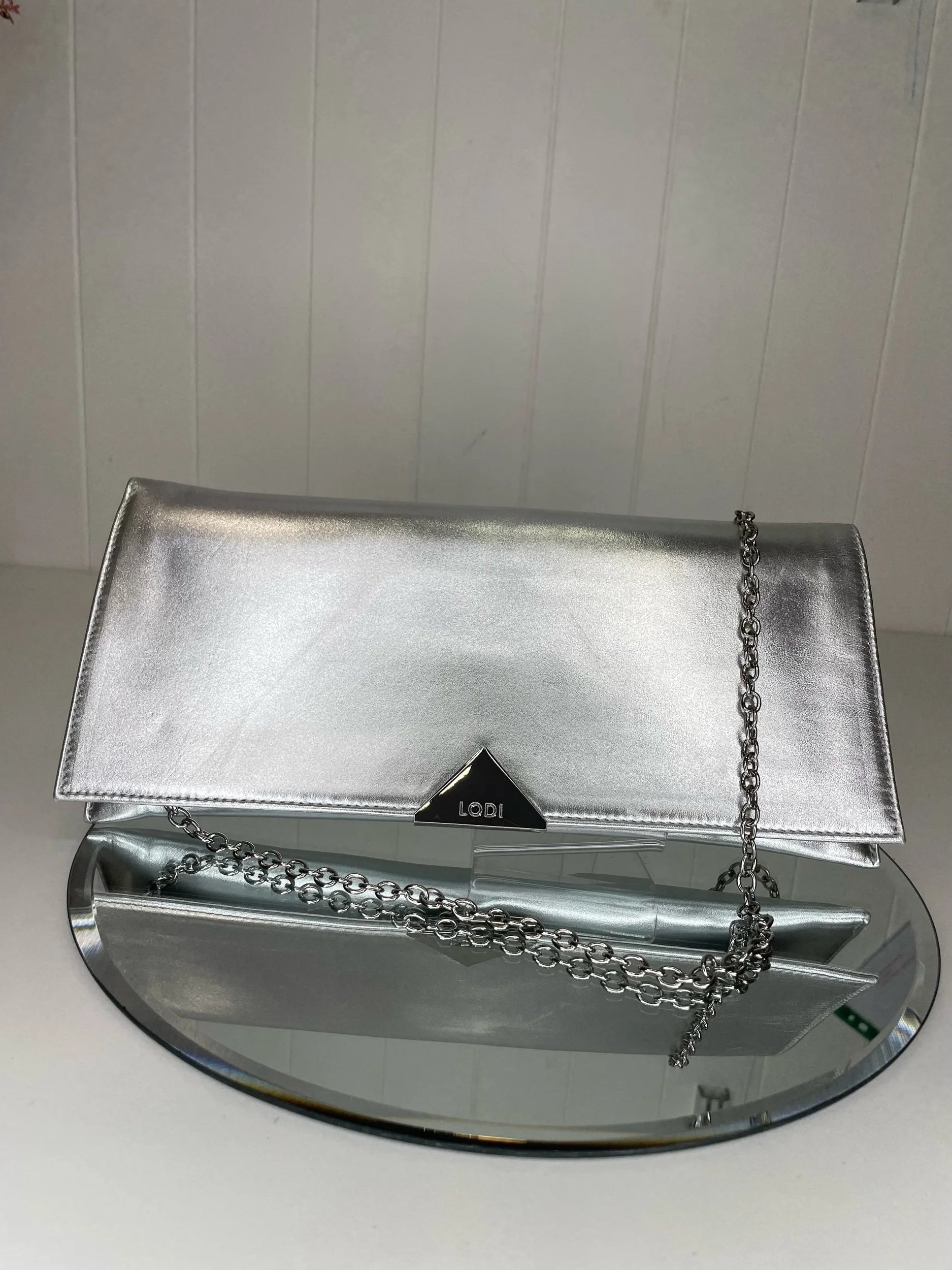 Lodi Vicky Silver Leather Slim Clutch Bag