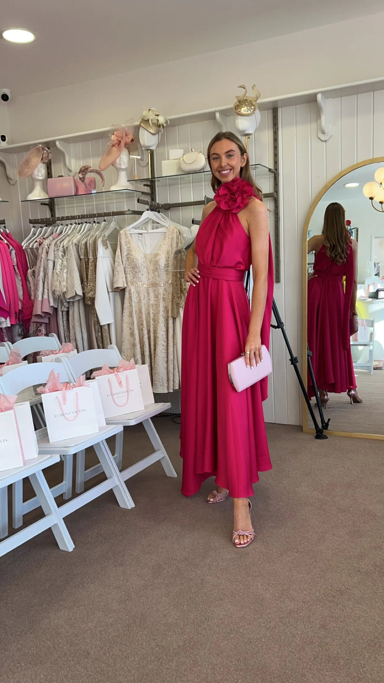 Nicole Raspberry Pink Halterneck (Rose) Dress