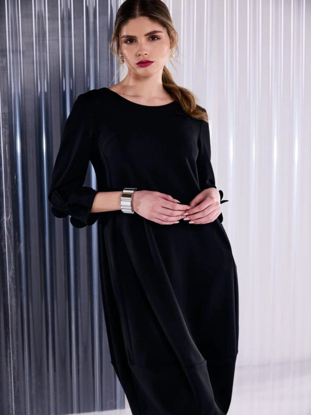 Bea Black Midi Dress with Ruffled Sleeves