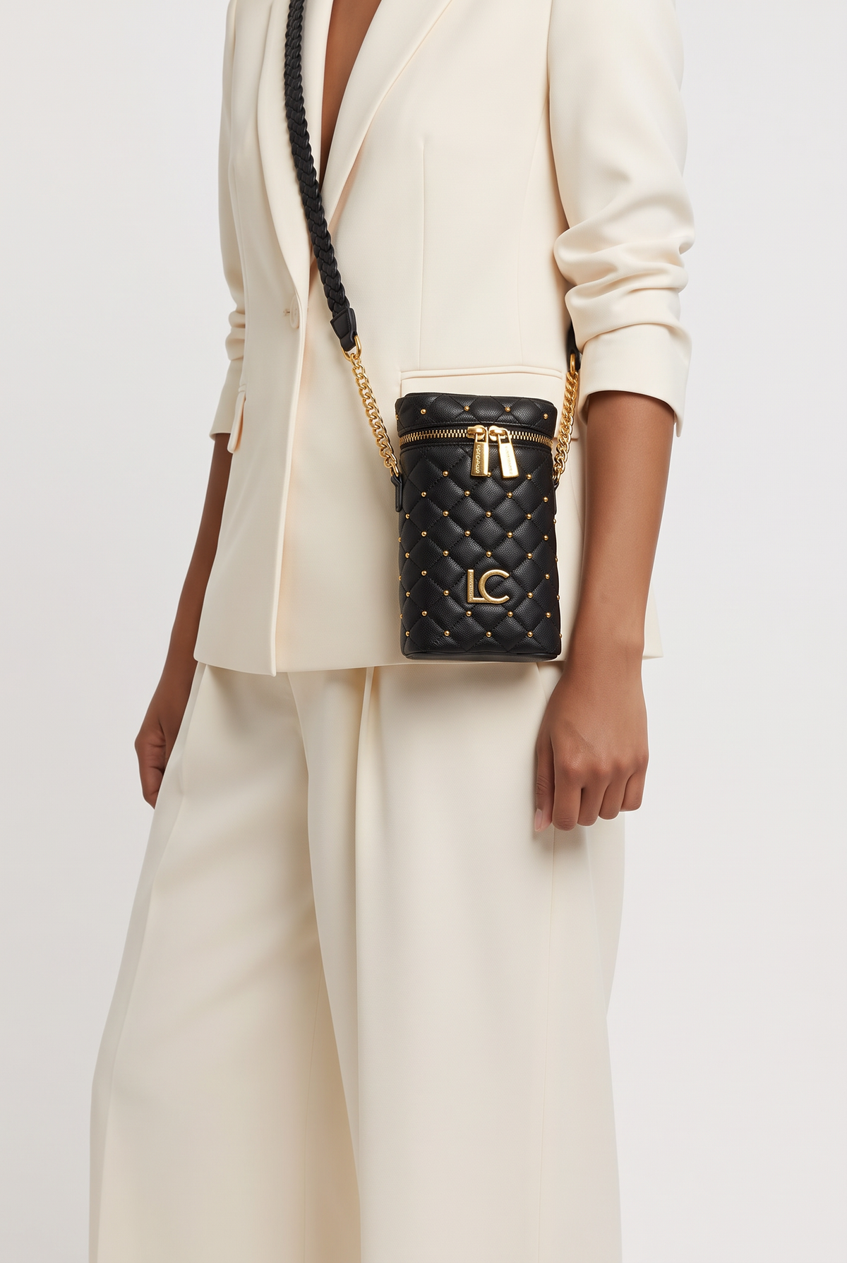Sia Black Leather Sling Bag with Gold Studs