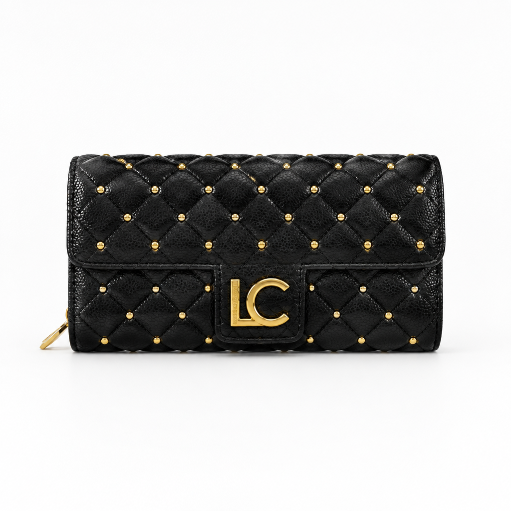 Sia Black Leather Wallet with Gold Studs