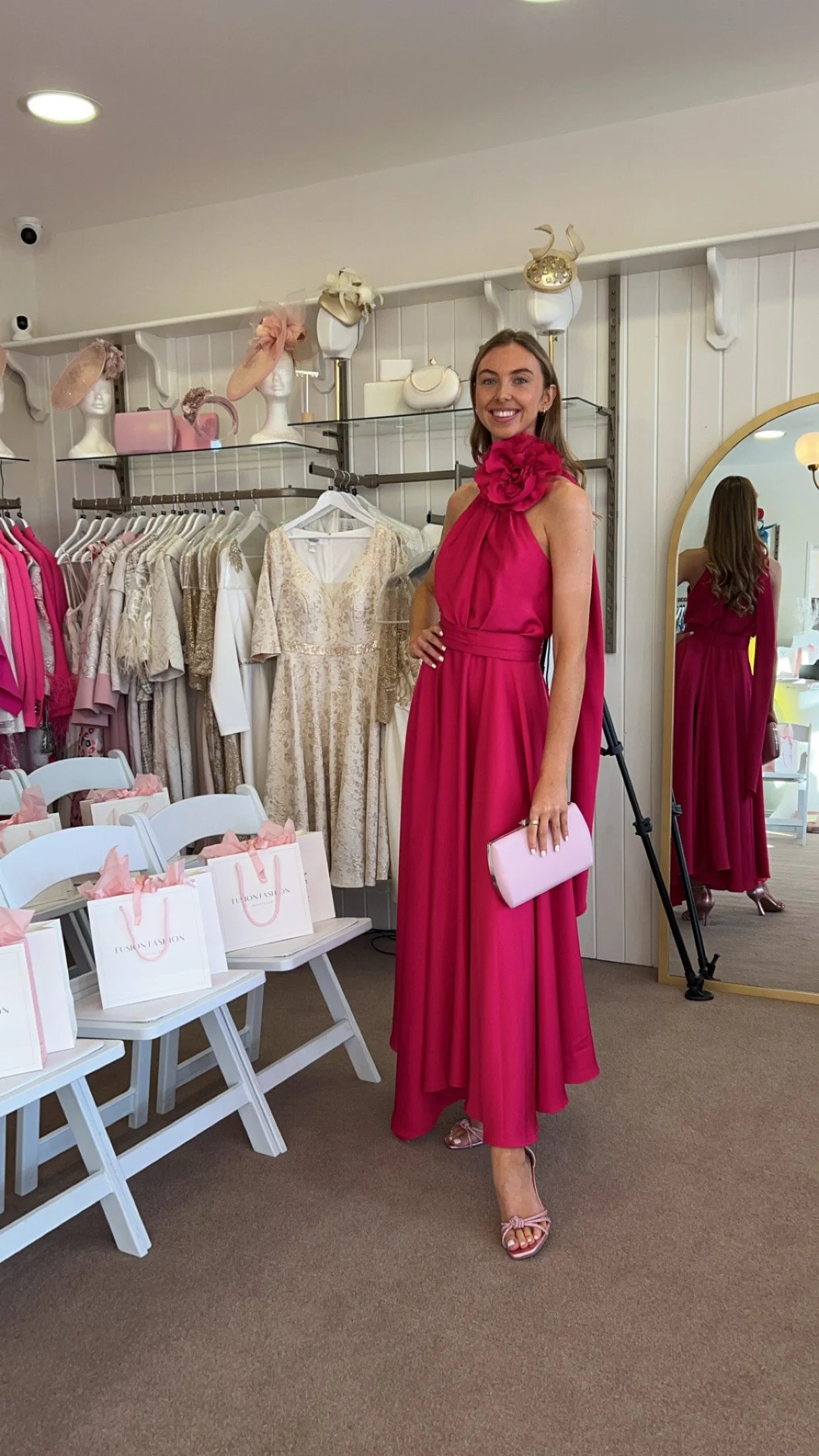 Nicole Raspberry Pink Halterneck (Rose) Dress