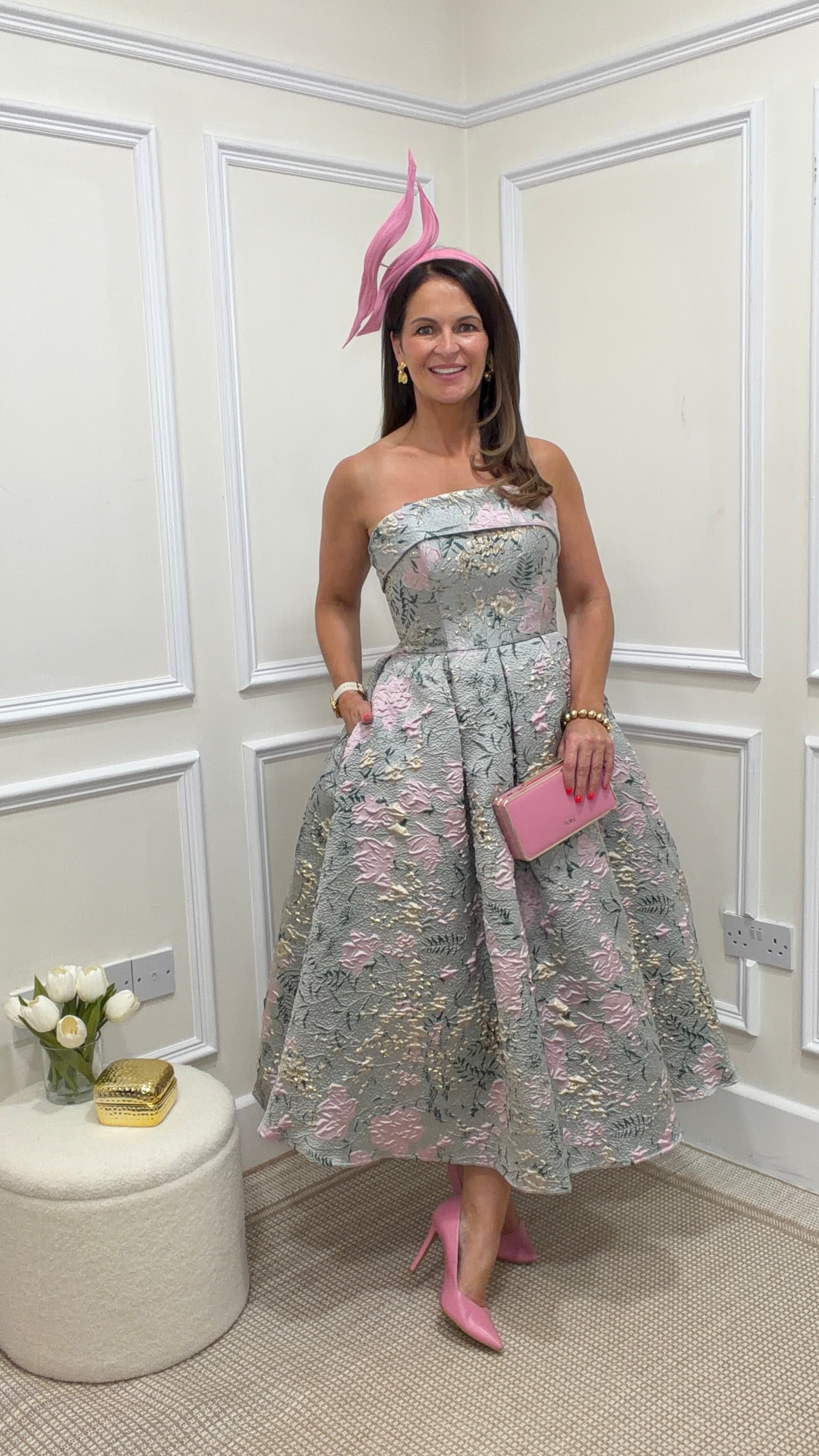 Zara Sage Green & Pink Strapless Dress
