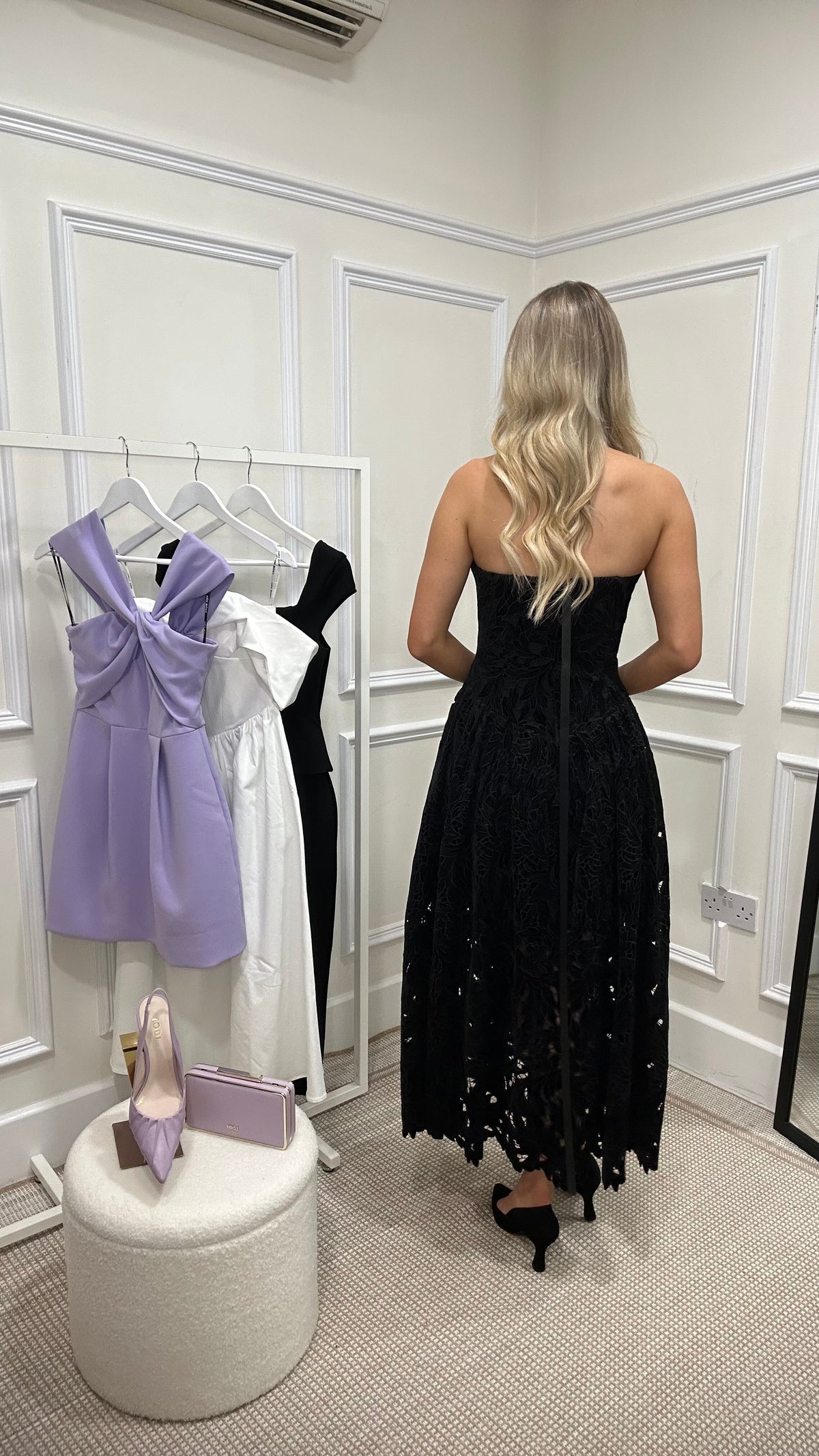 Arabella Velvet Guipure Lace Strapless Midi Dress In Black