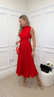 Prism Red Pleat Full Skirt Midi Dress