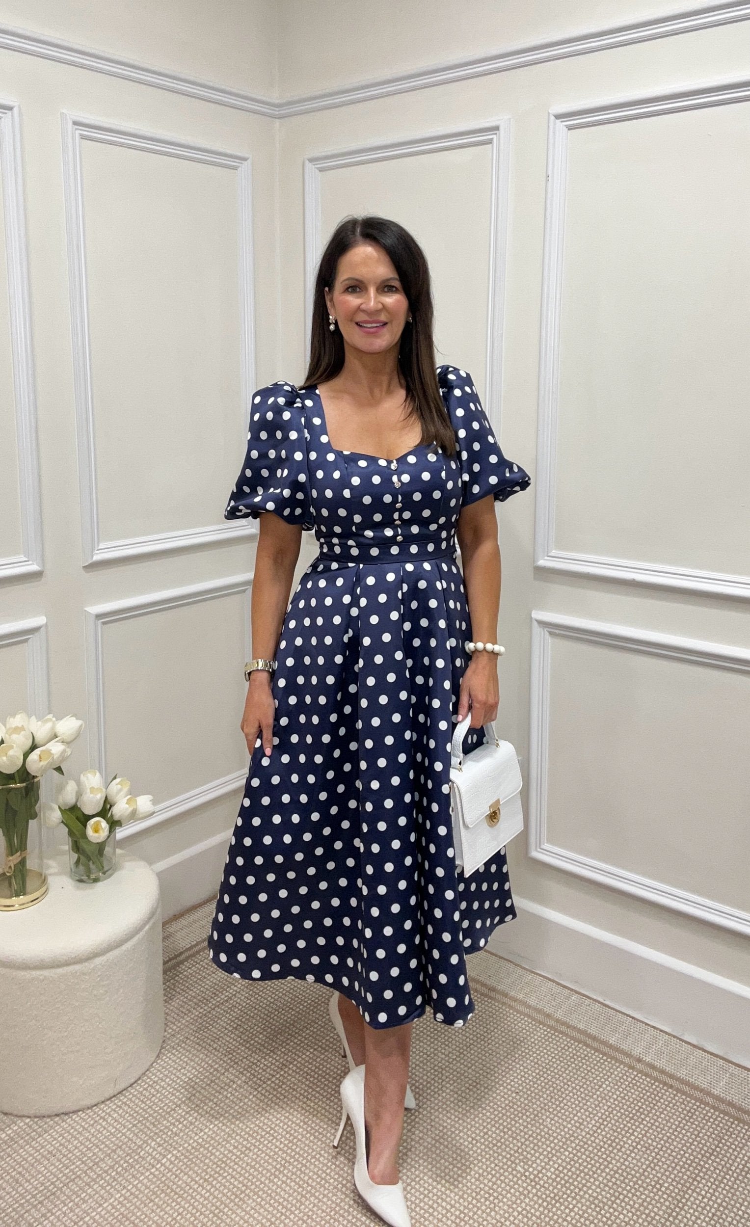Audrey Navy/White Polka Dot Dress