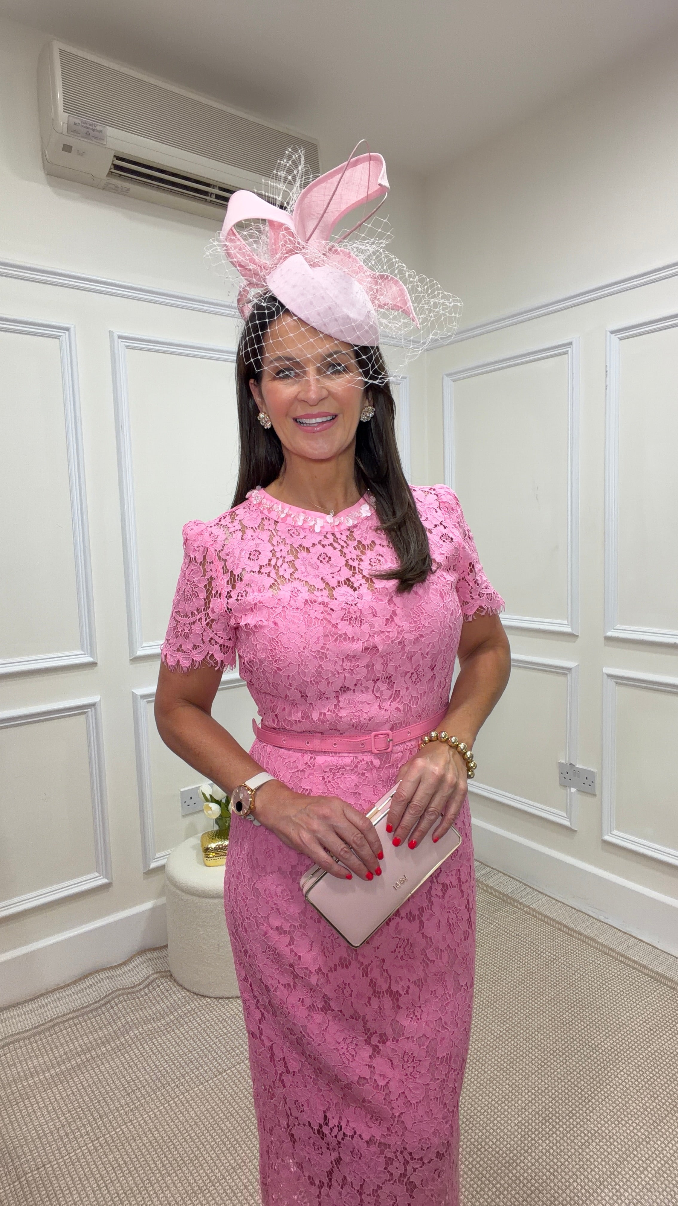 Annabelle Candy Pink Lace Belted Dress