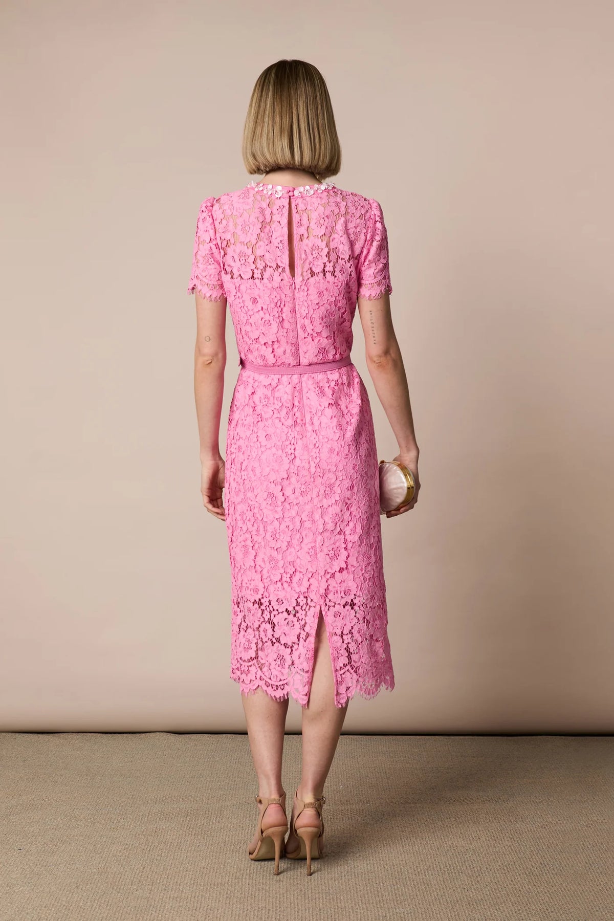 Annabelle Candy Pink Lace Belted Dress