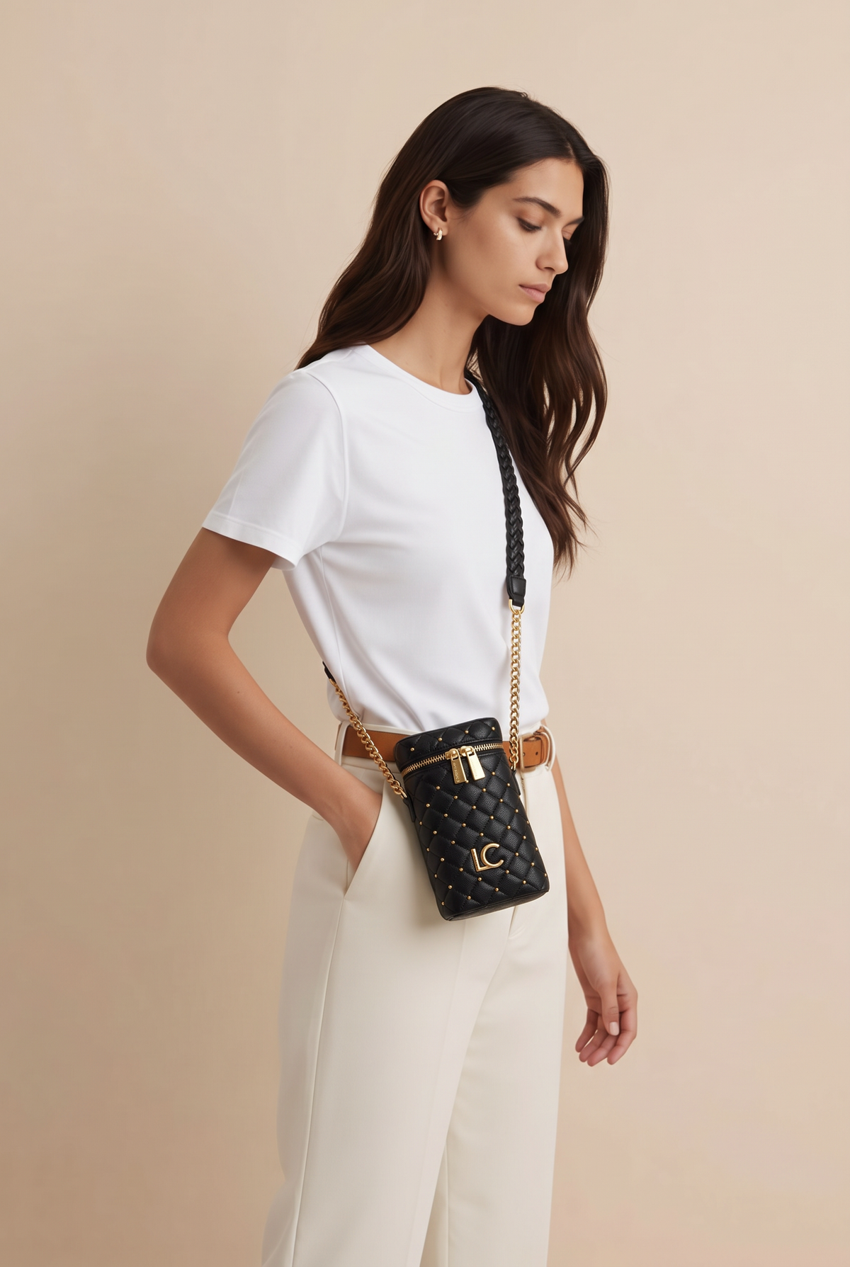 Sia Black Leather Sling Bag with Gold Studs