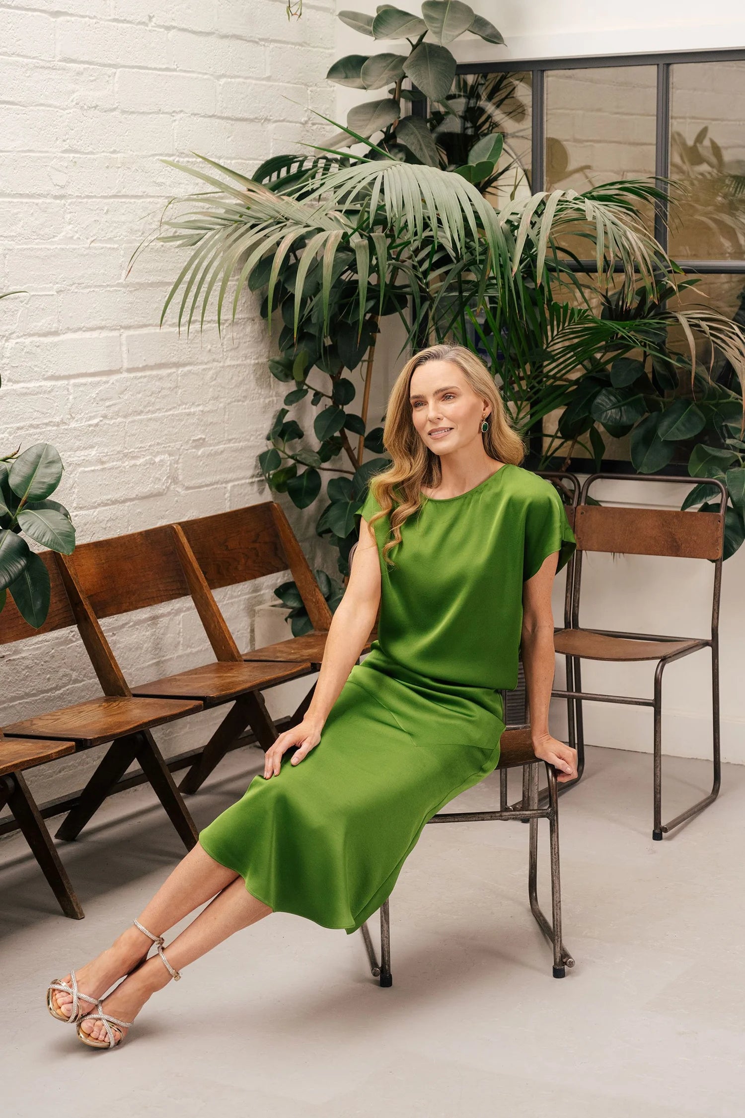 Ruth Satin Dress in Forest Green