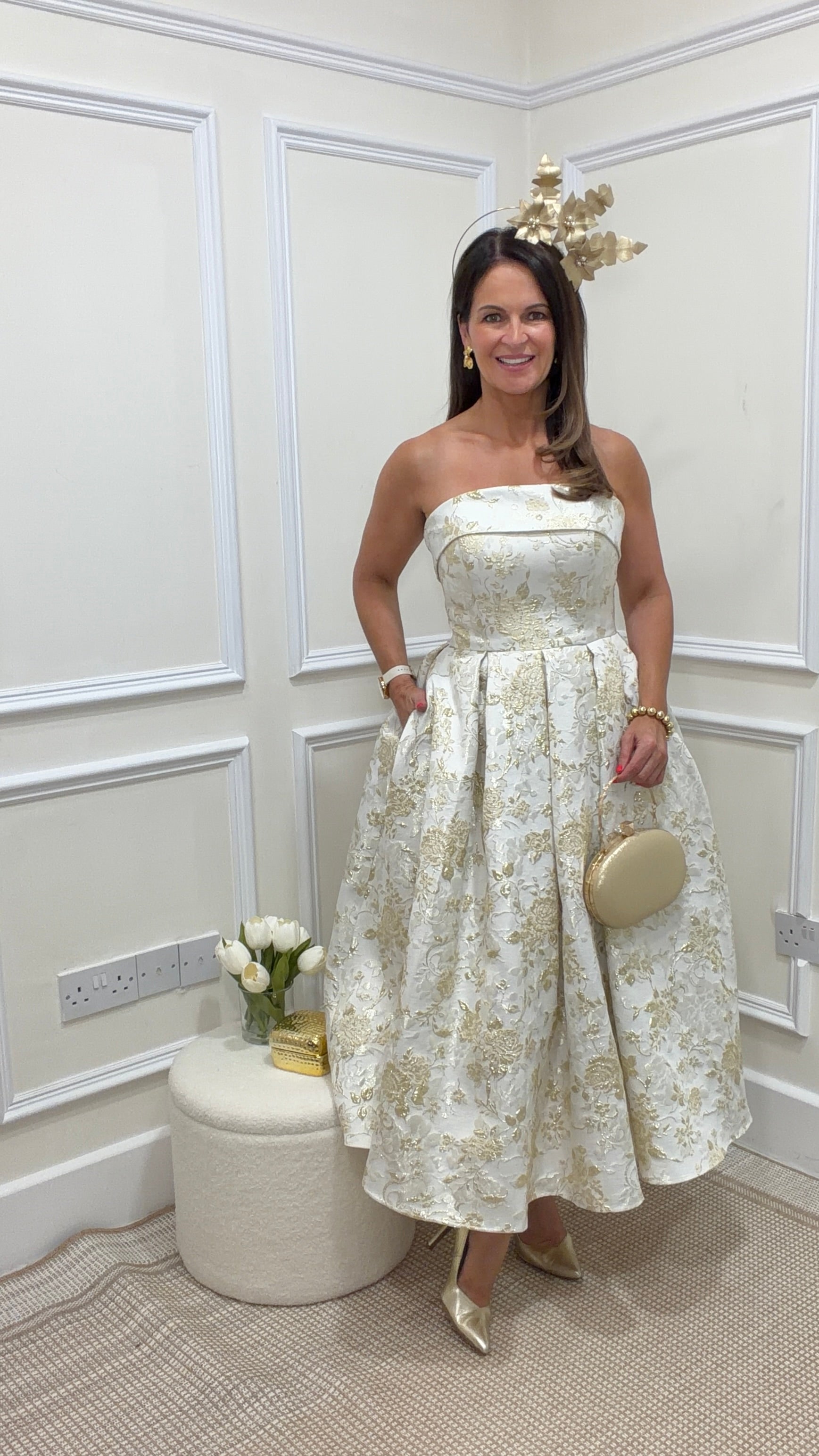 Zara Champagne & Gold Strapless Dress