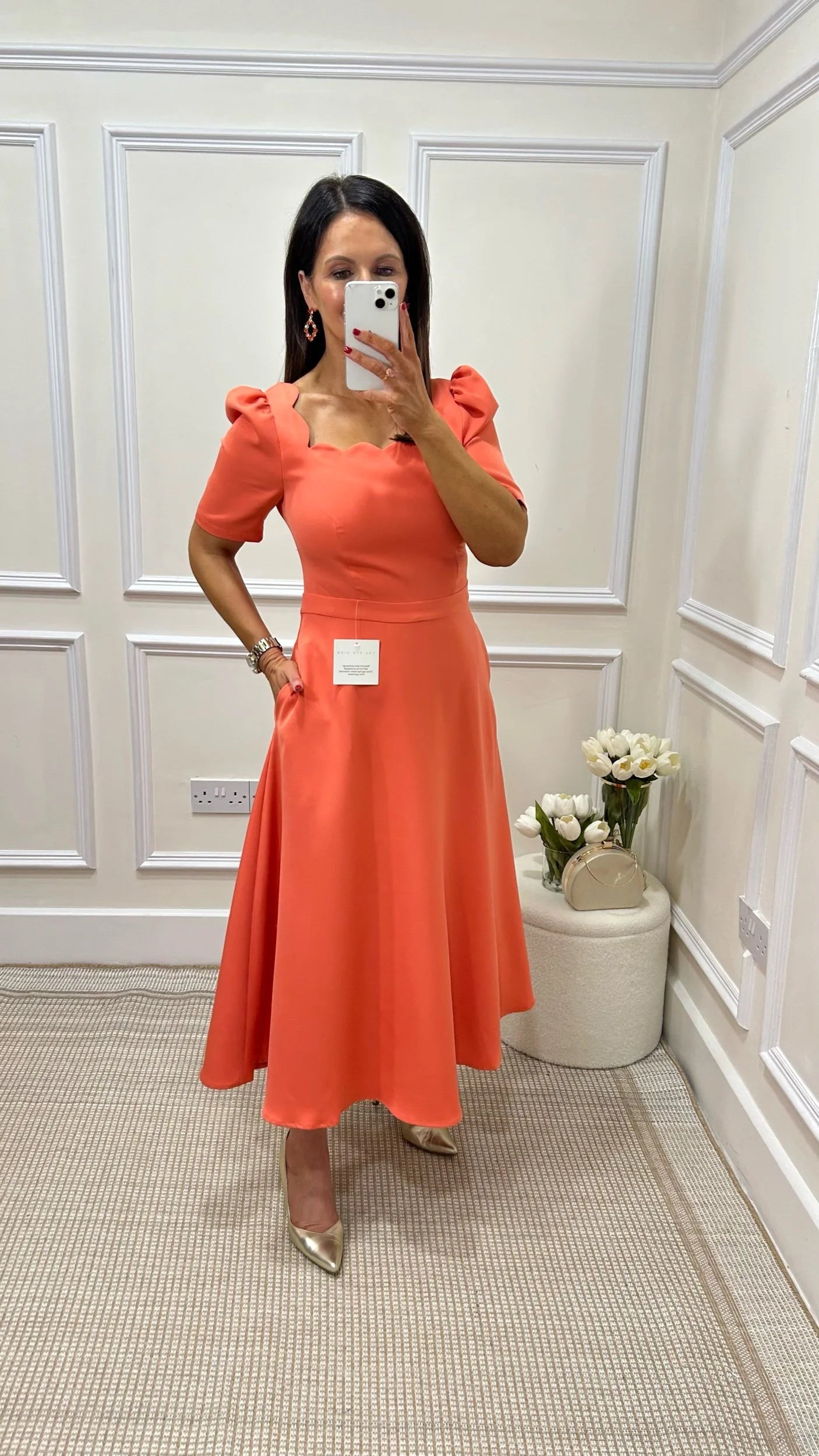 Livia Apricot Orange Square Neck Dress