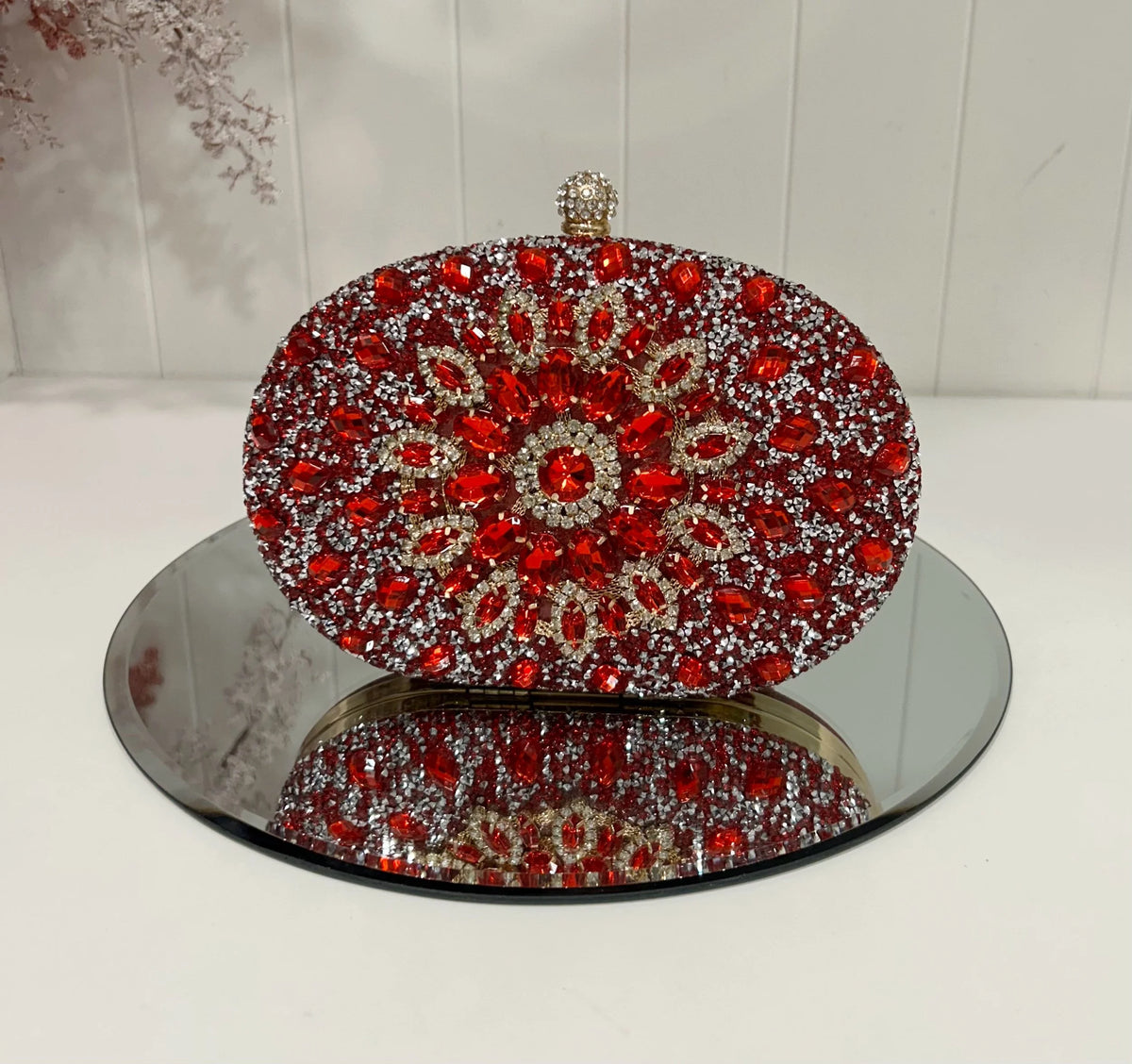 Daisy Red Oval Jewelled Clutch
