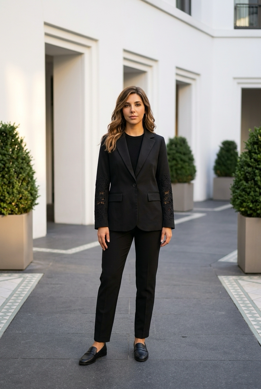 Petra Black Embroidered Sleeve Blazer