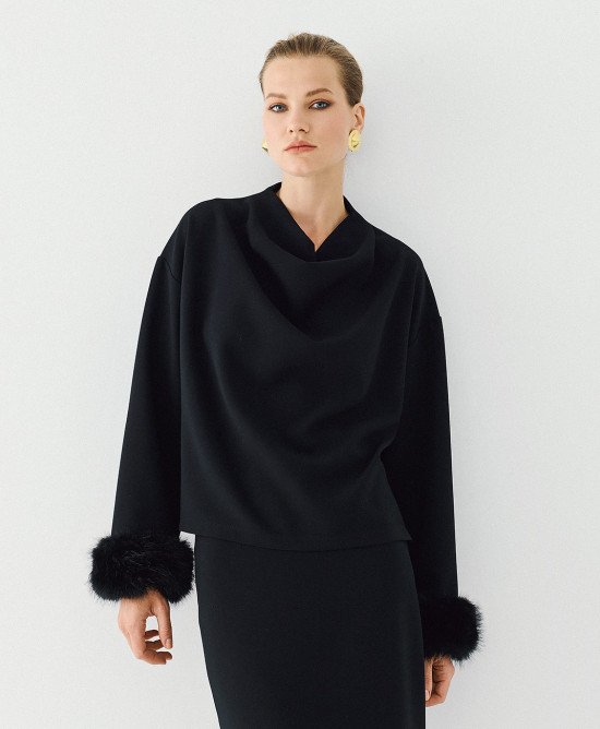 Clare Black Faux-Fur Cuff Top