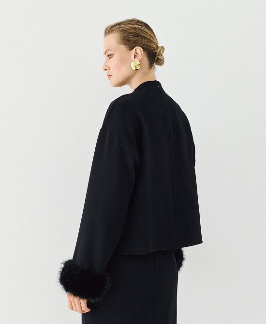 Clare Black Faux-Fur Cuff Top