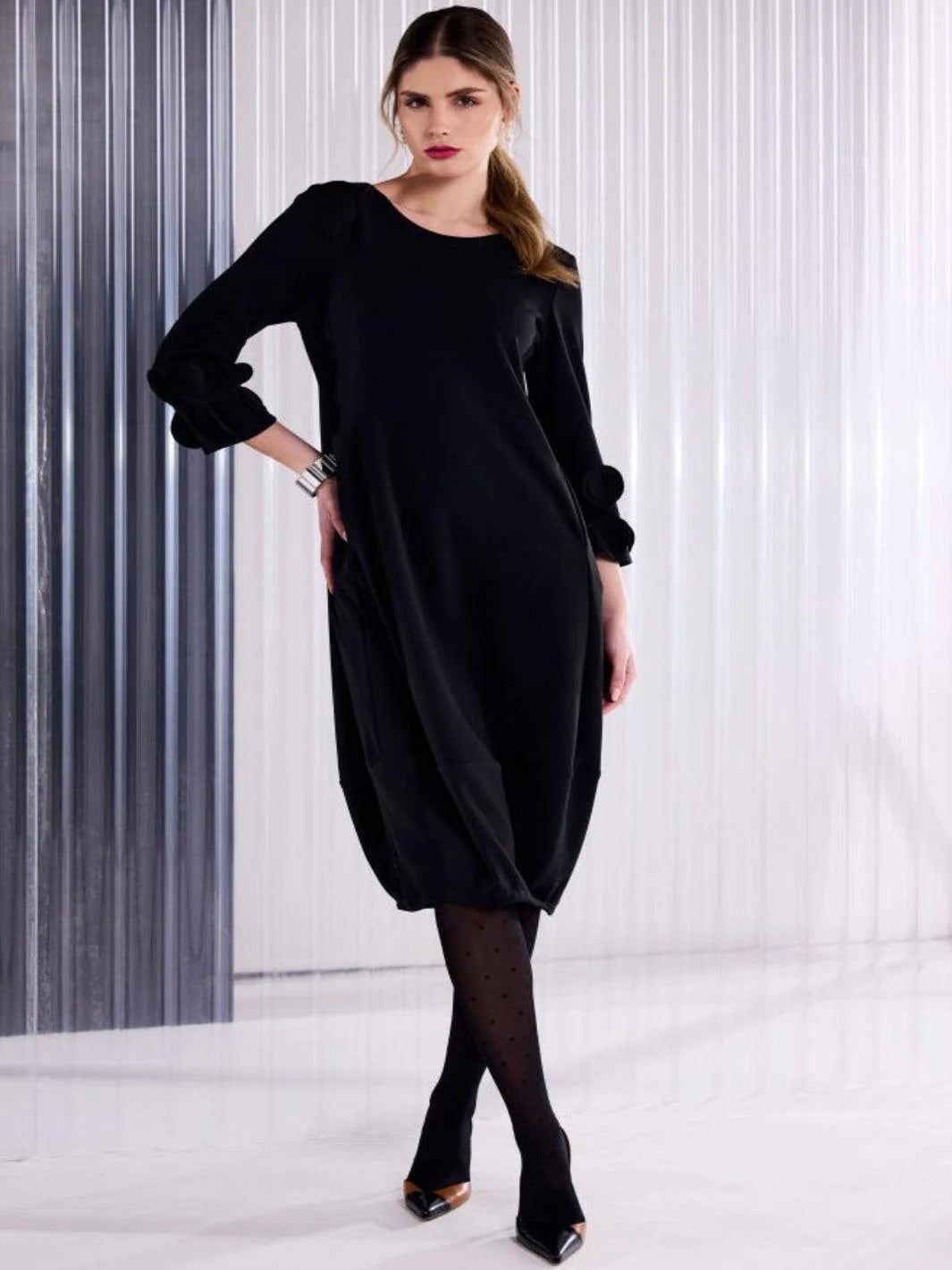 Bea Black Midi Dress with Ruffled Sleeves