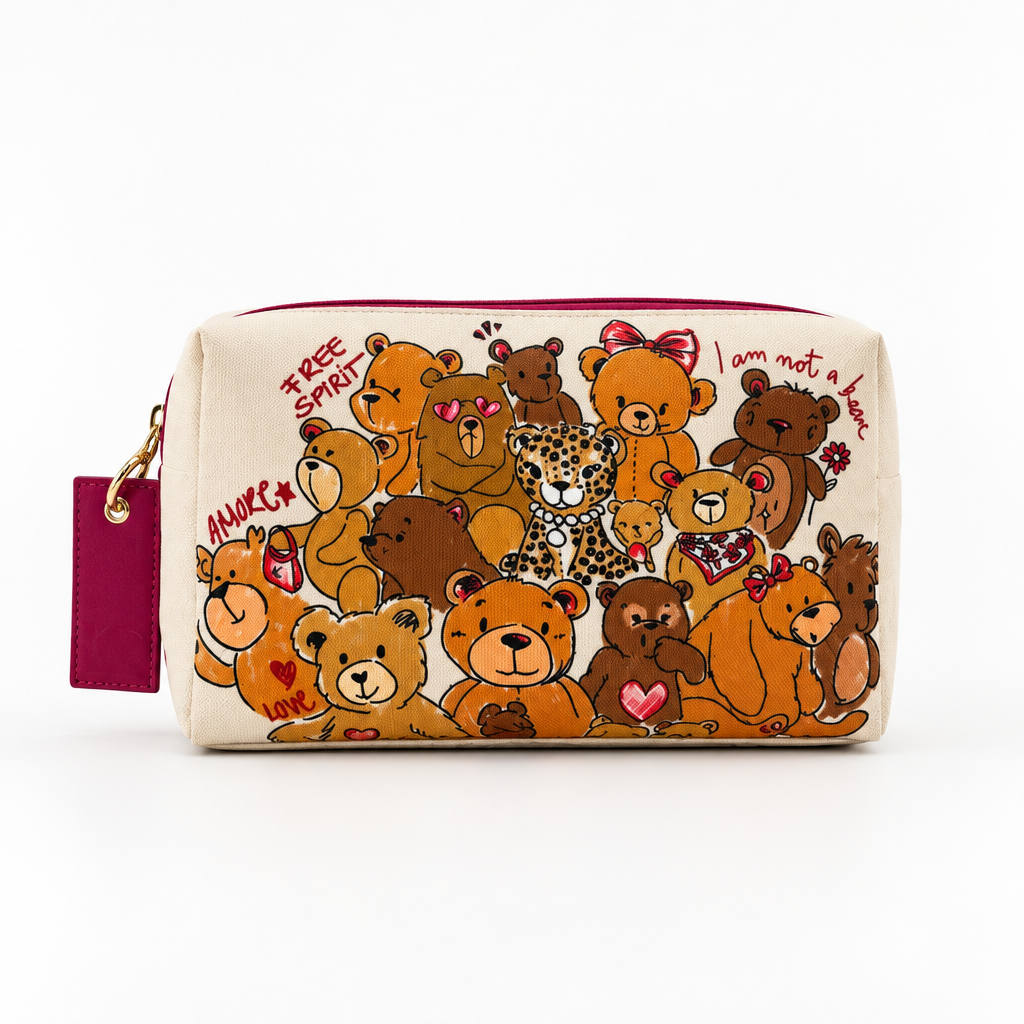Novi Beige Bear Print Toiletry Bag with Red Trim