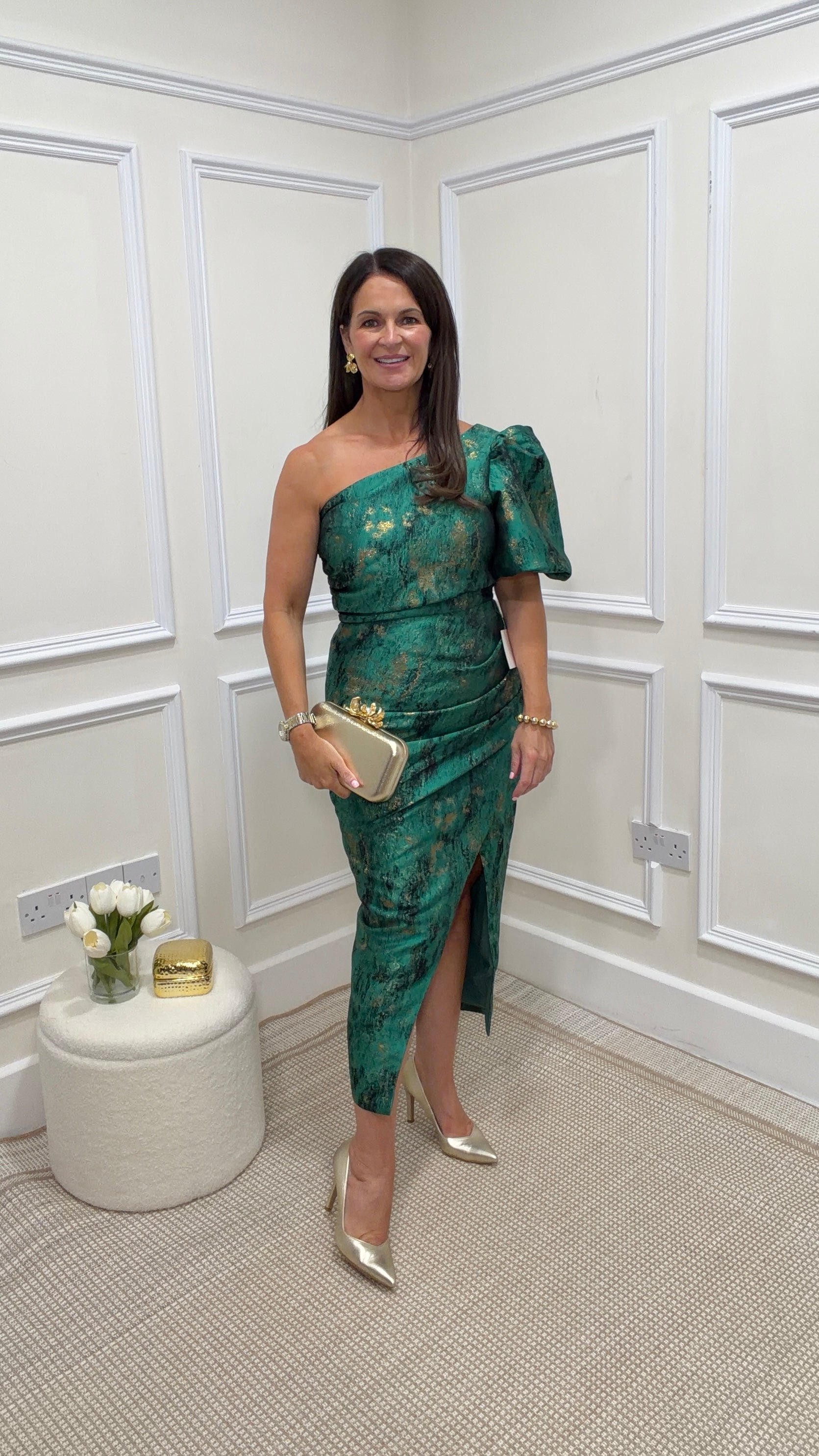 Diana Green Metallic One-Shoulder Dress
