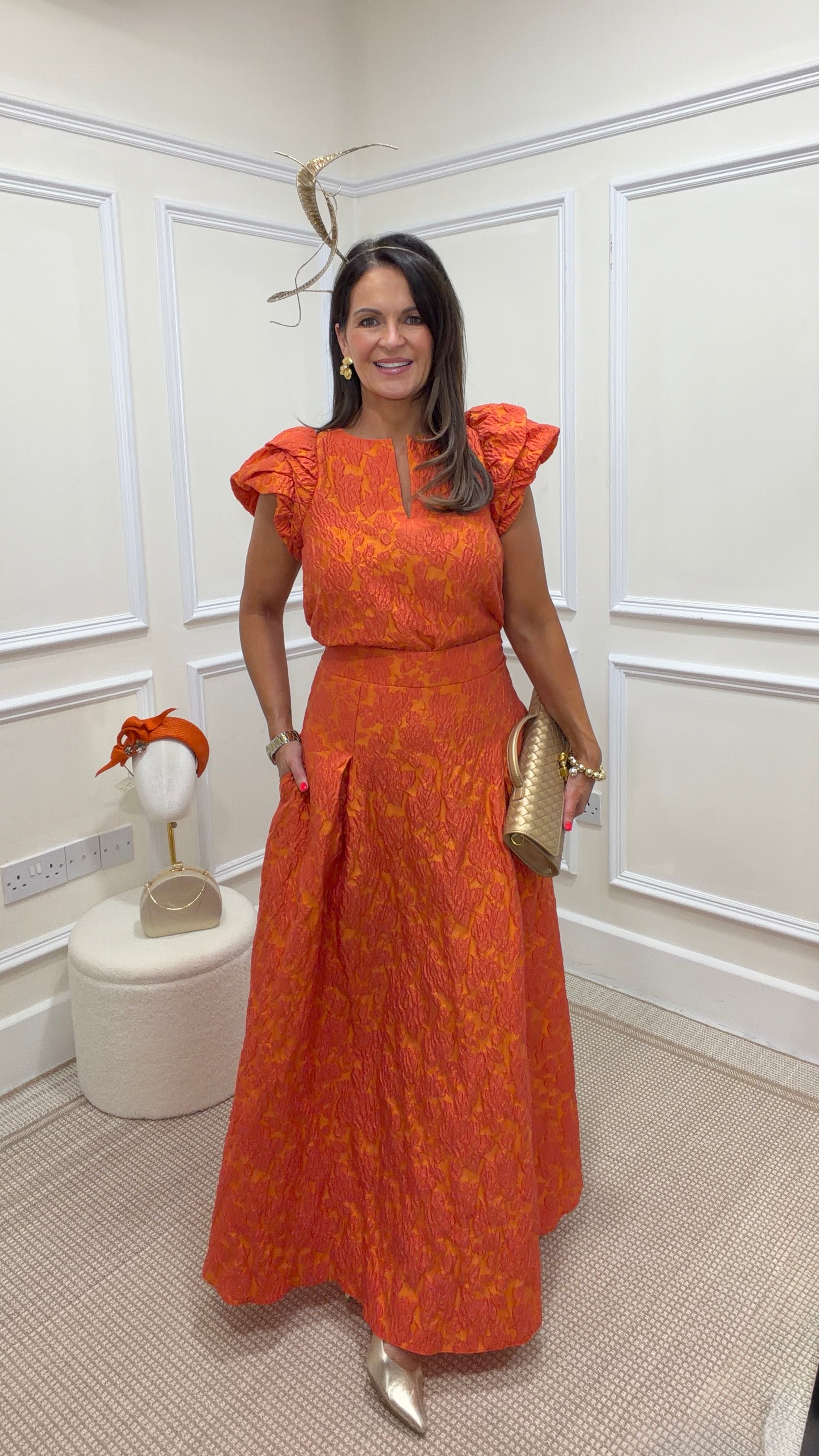 Roisin Linnane Halston Orange Jacquard Skirt