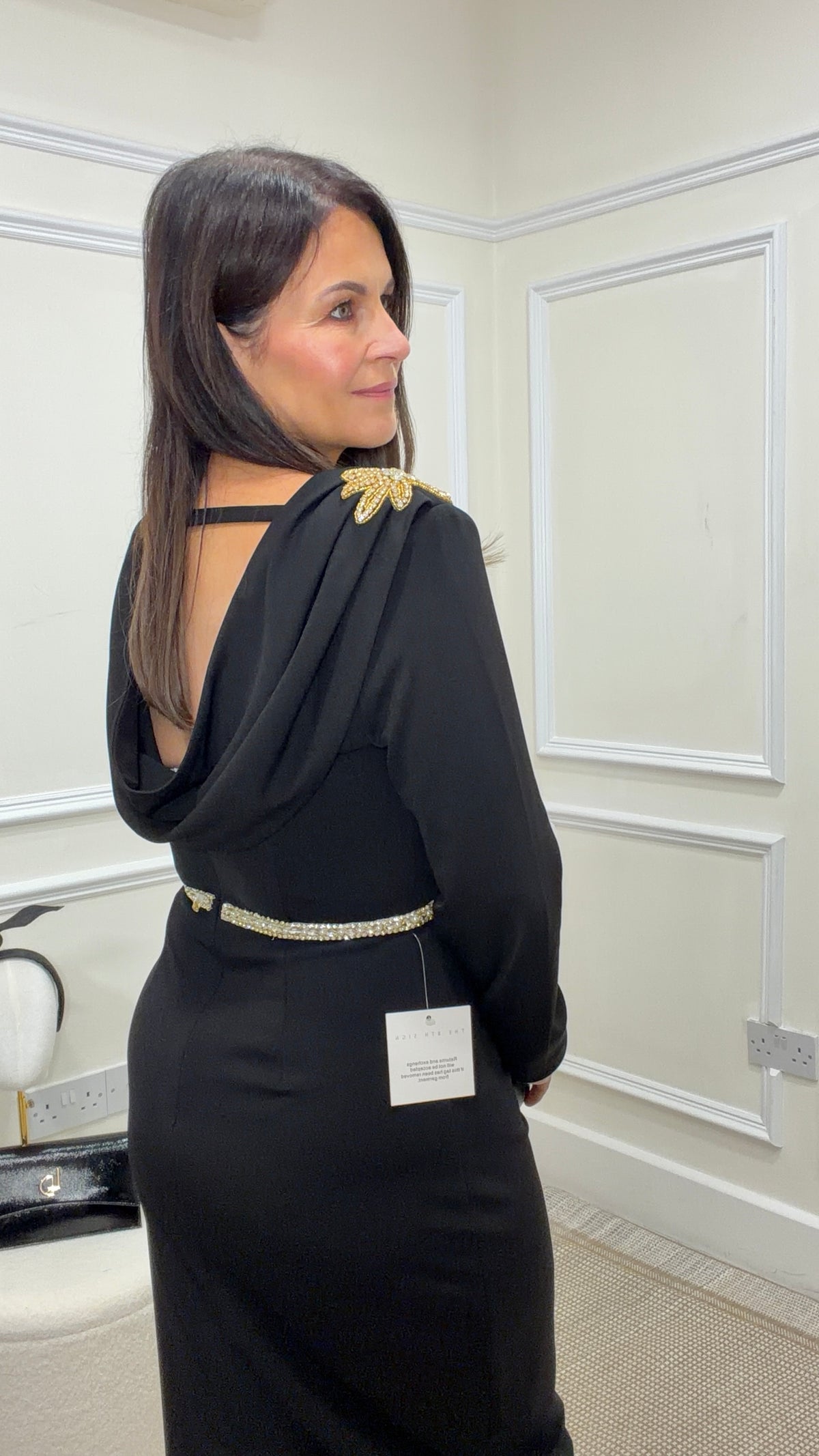 Asteria Black Embellished Shoulder Cowl Back Midi Dress