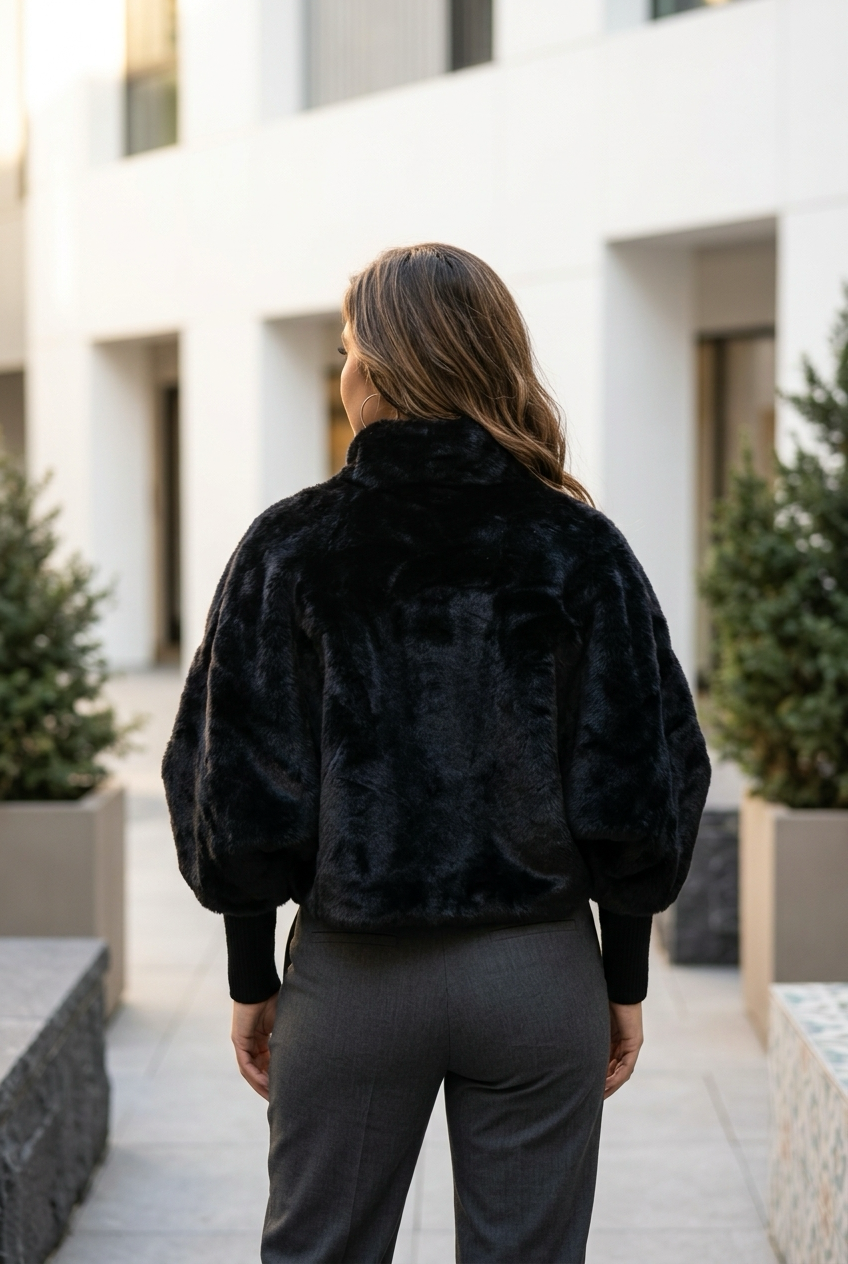 Arden Black Faux-Fur Poncho Coat