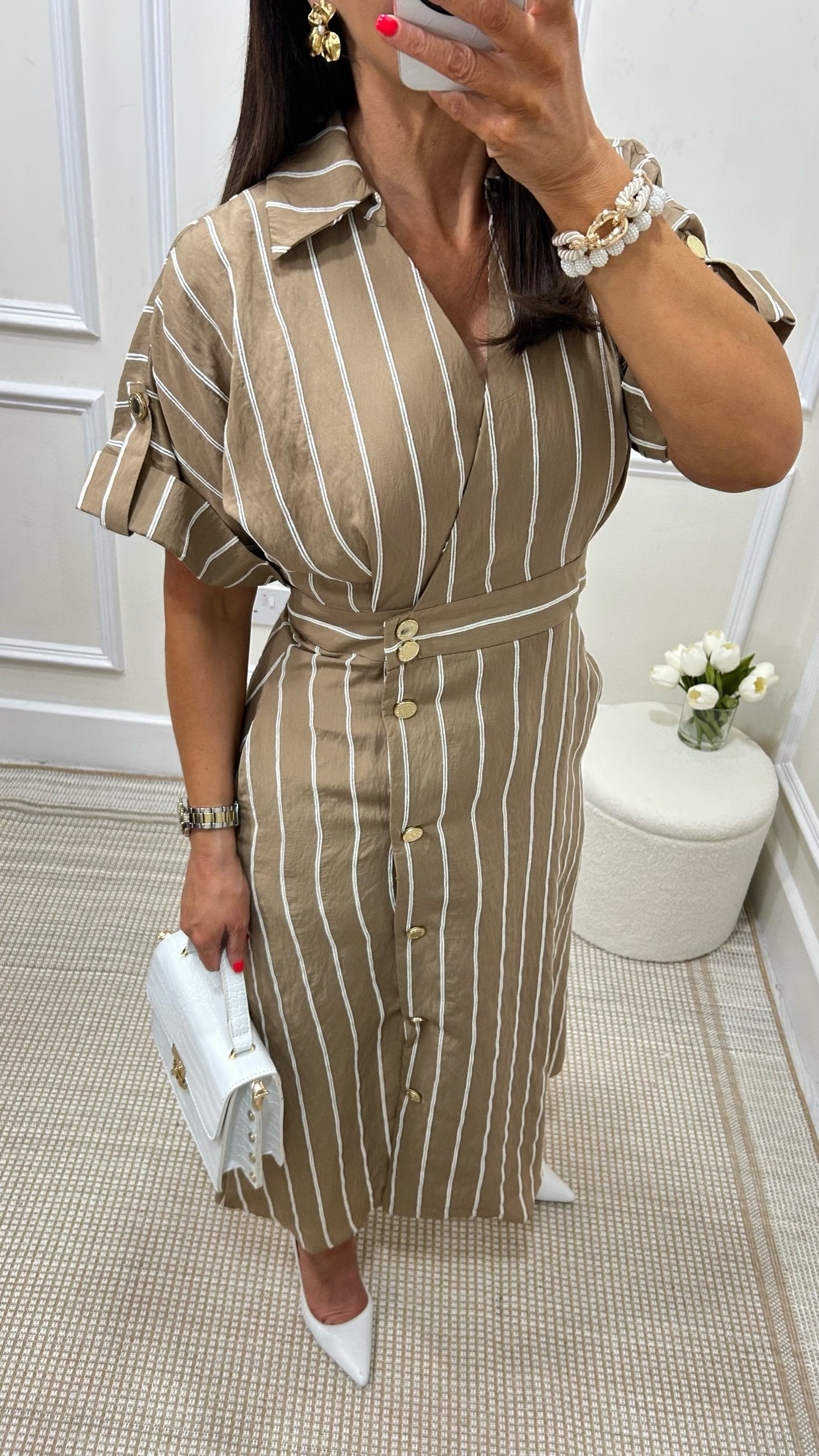 Amy Camel/White Stripe Dress
