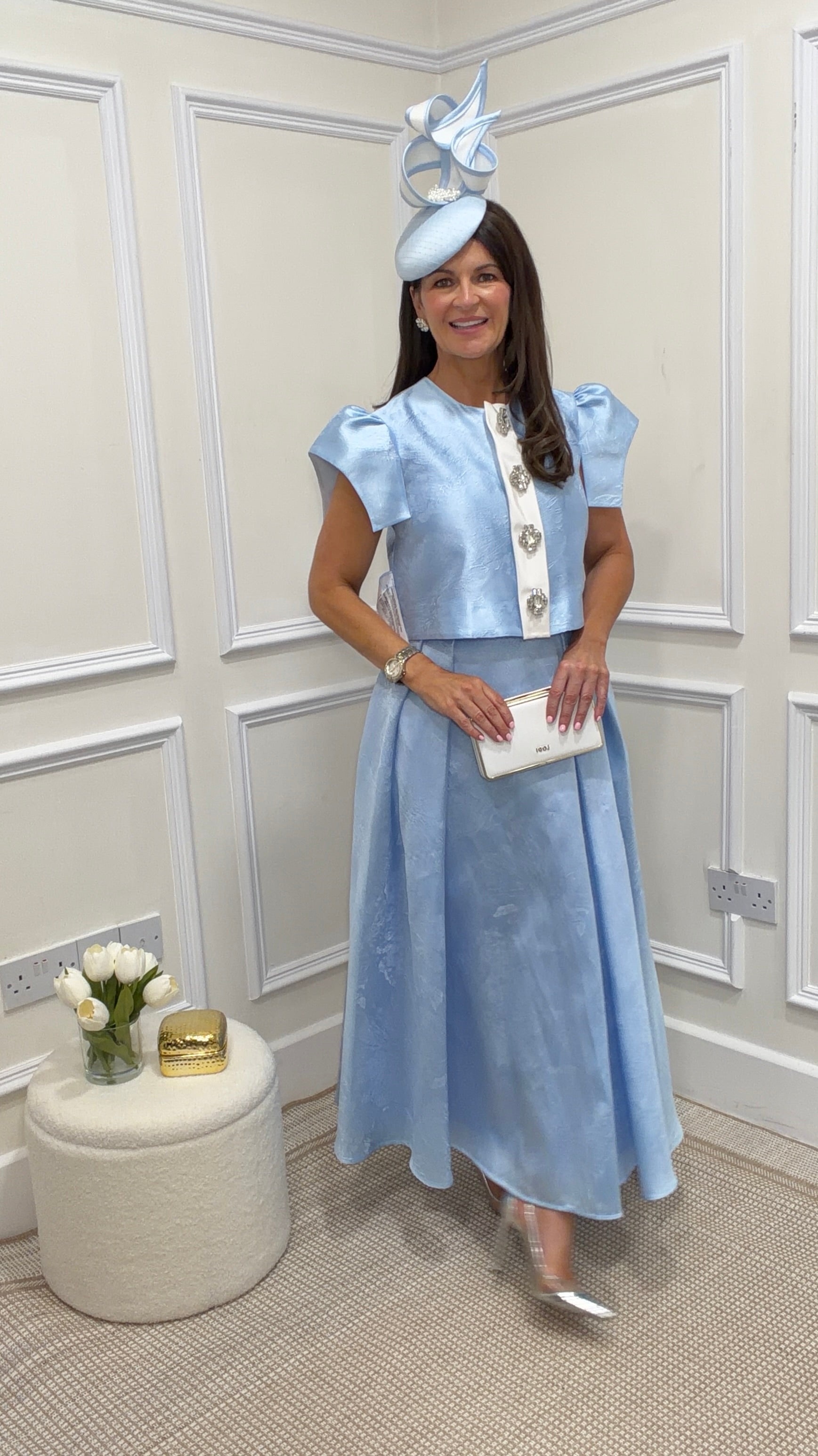 Estee Sky Blue Embossed Blouse & Skirt Co-ord