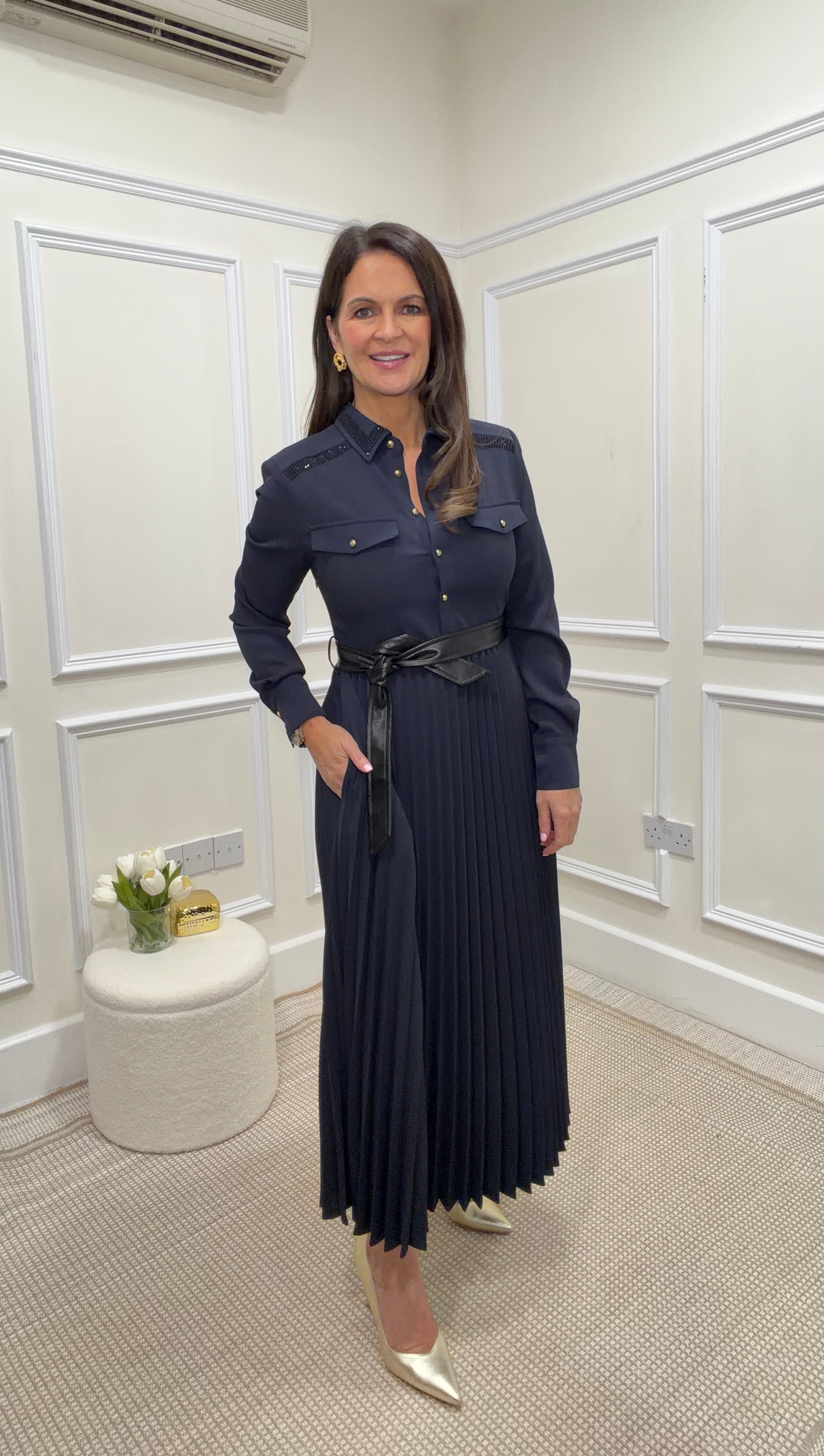 Rachel Navy Blue Belted Shirt Dress
