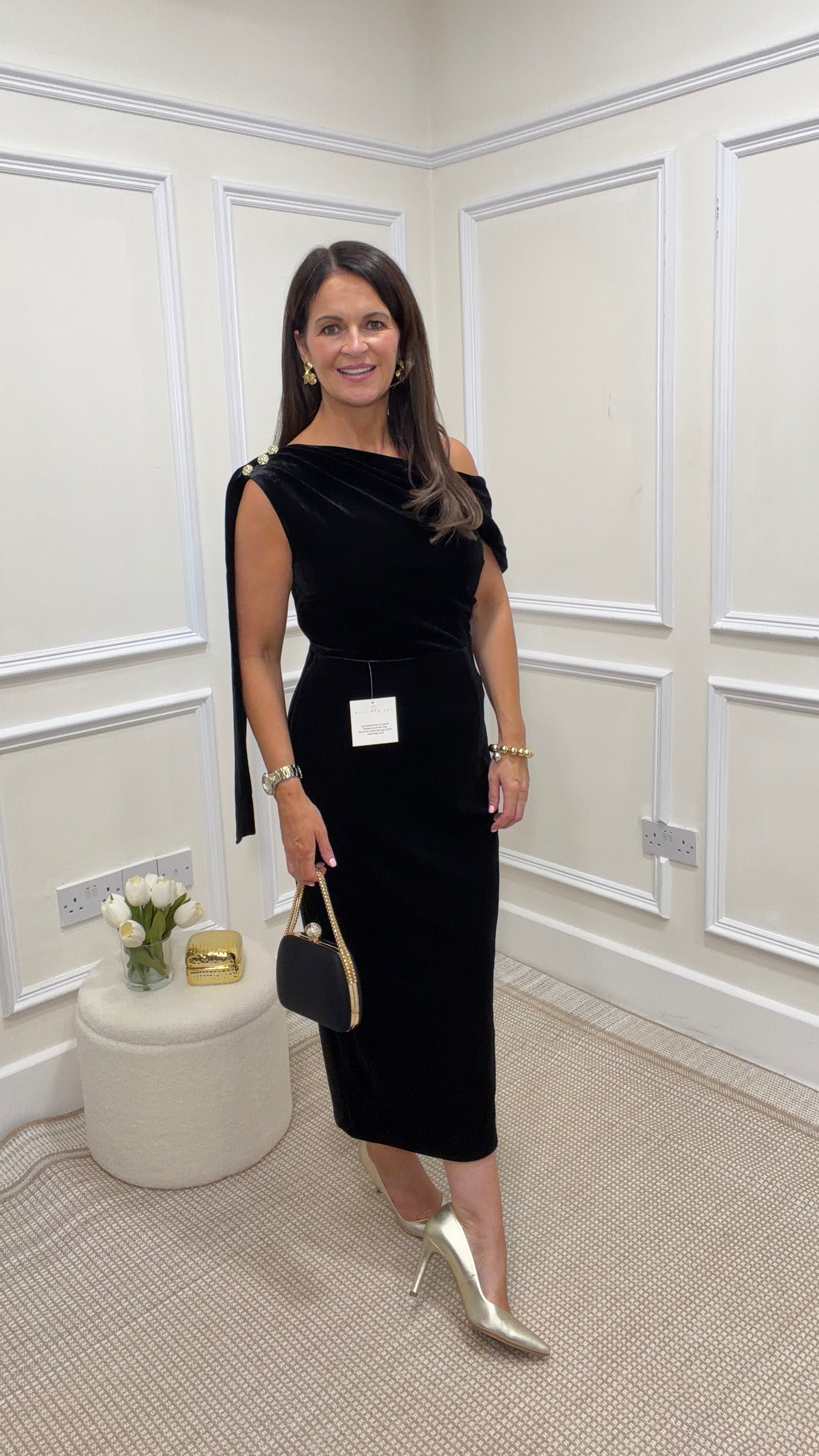 Eleni Black Velvet One Shoulder Dress