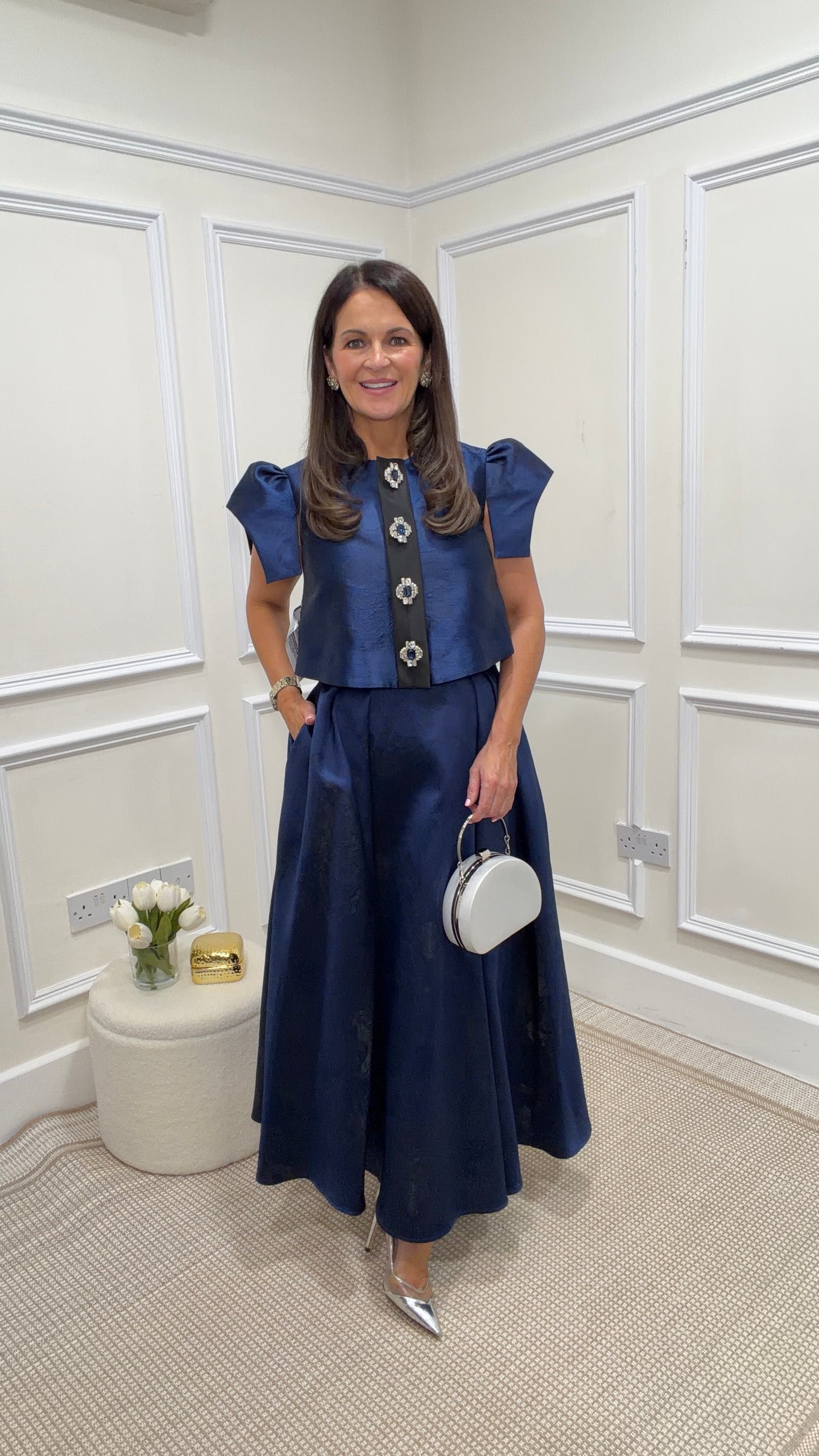 Estee Navy Embossed Blouse & Skirt Co-ord