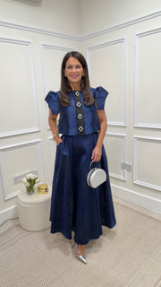 Estee Navy Embossed Blouse & Skirt Co-ord