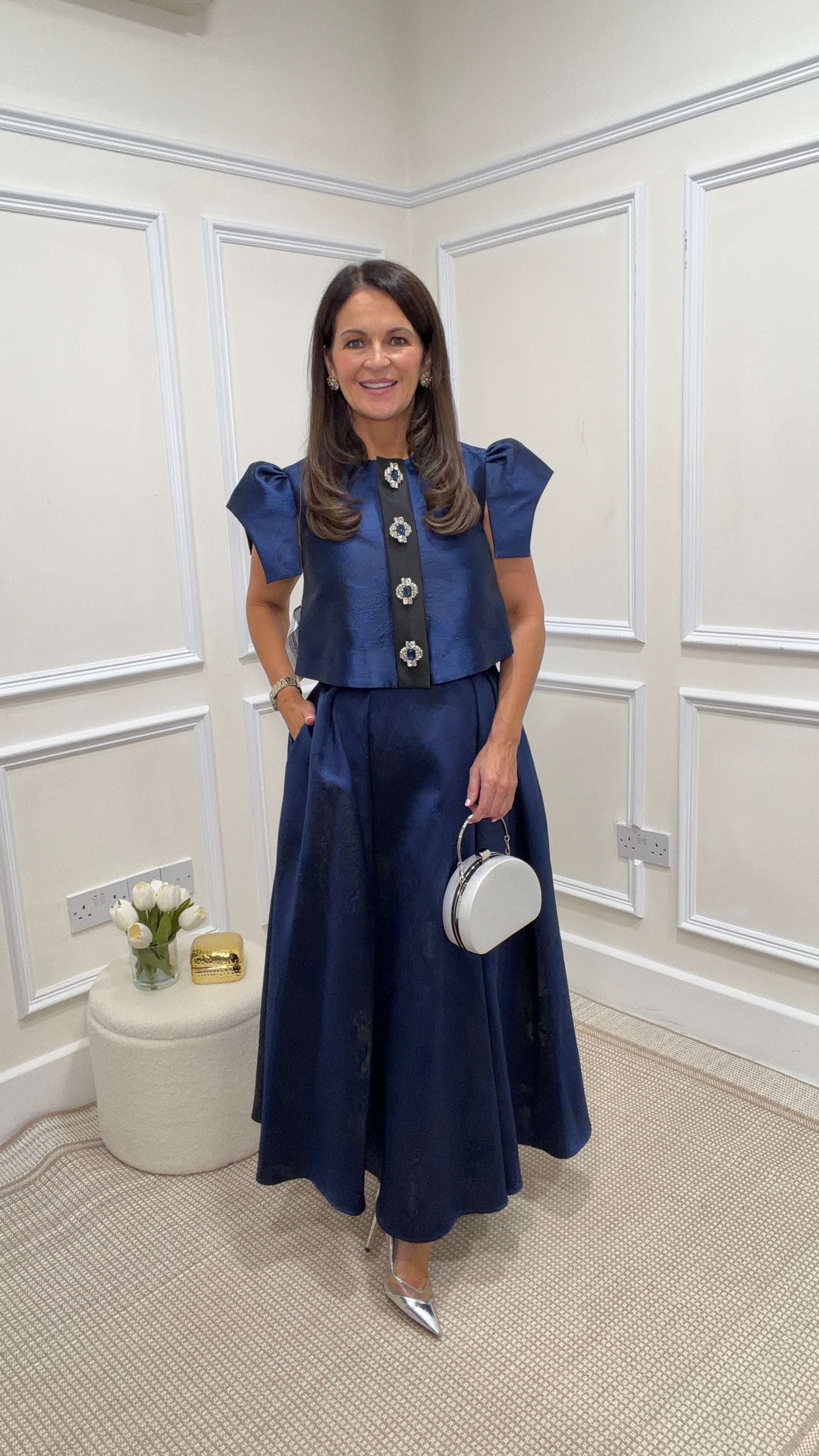 Estee Navy Embossed Blouse & Skirt Co-ord