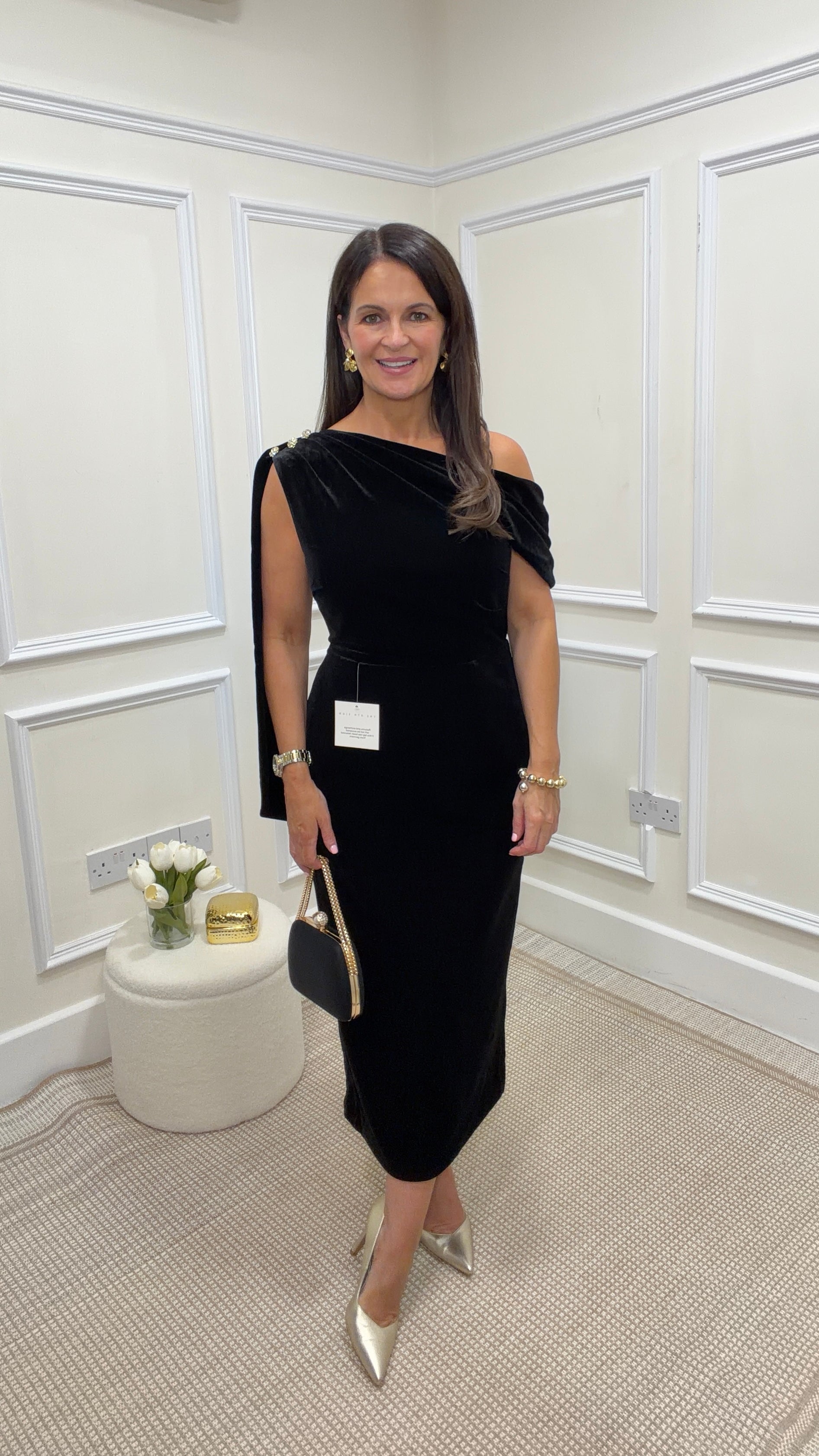 Eleni Black Velvet One Shoulder Dress