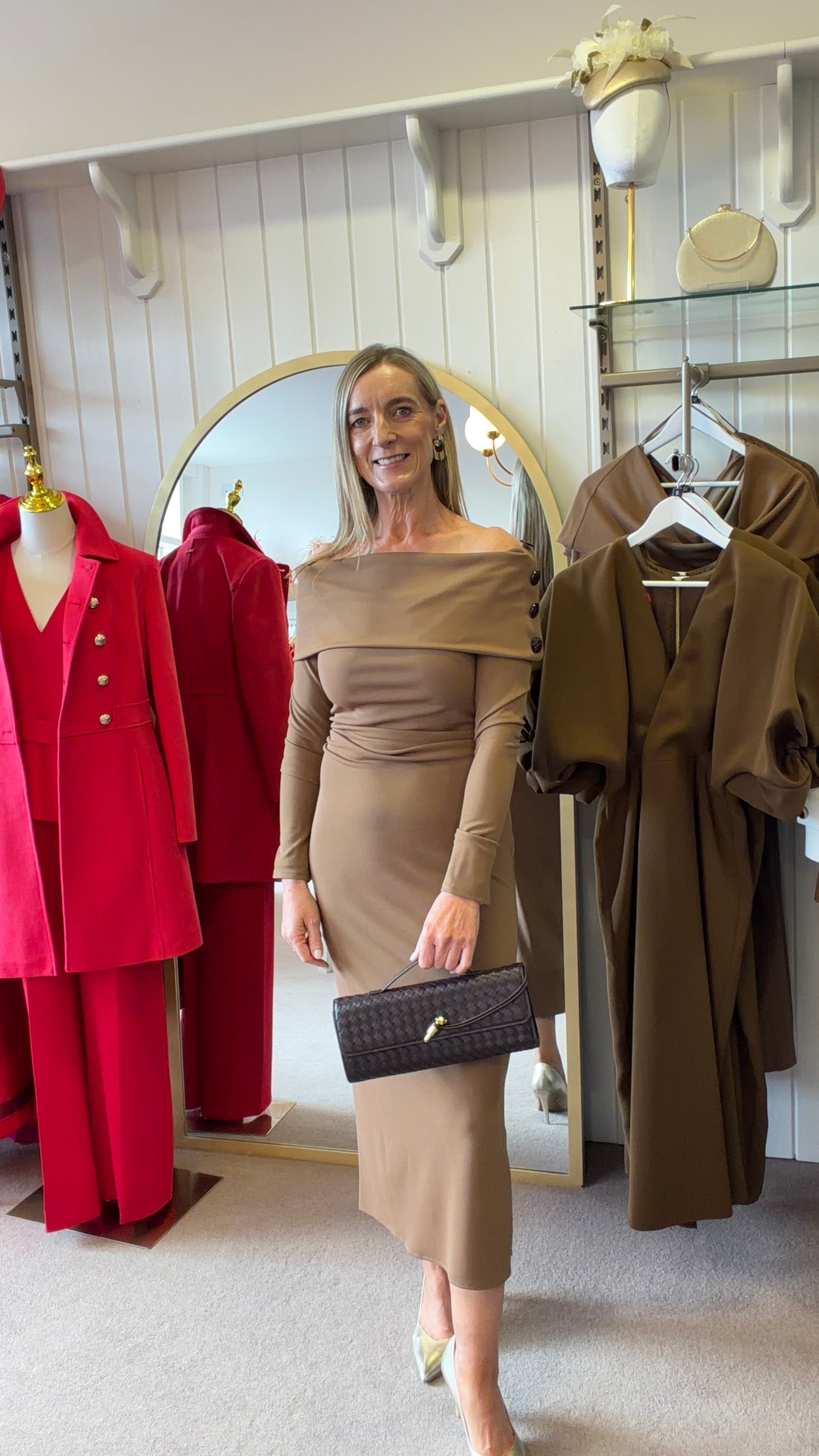 Nola Brown Over the Shoulder Dress