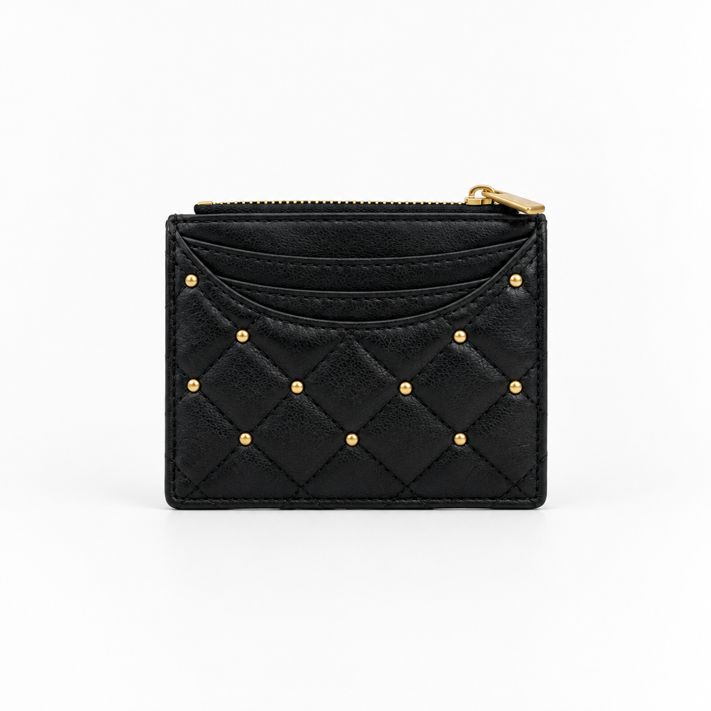 Sia Black Leather Card Holder with Gold Studs 