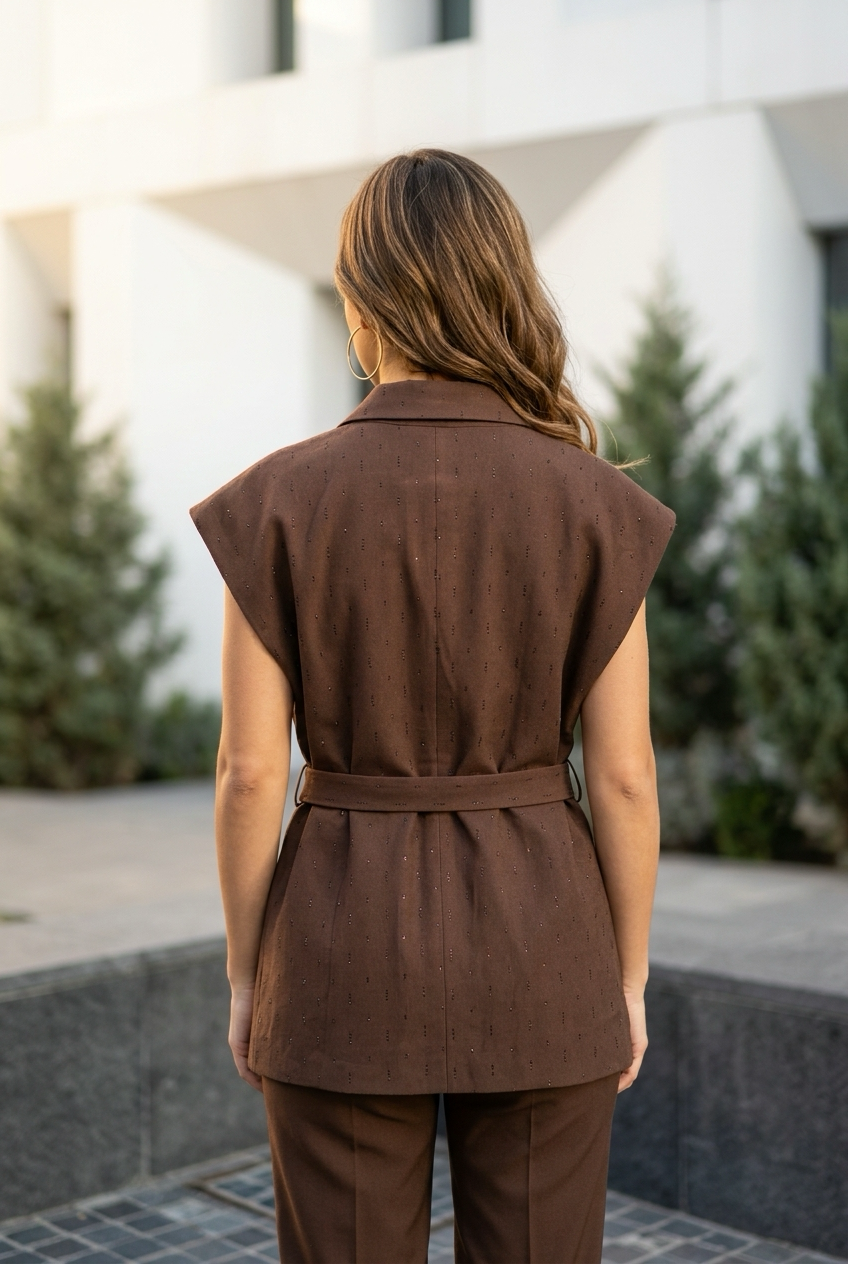 Alba Brown Rhinestone Gilet Top