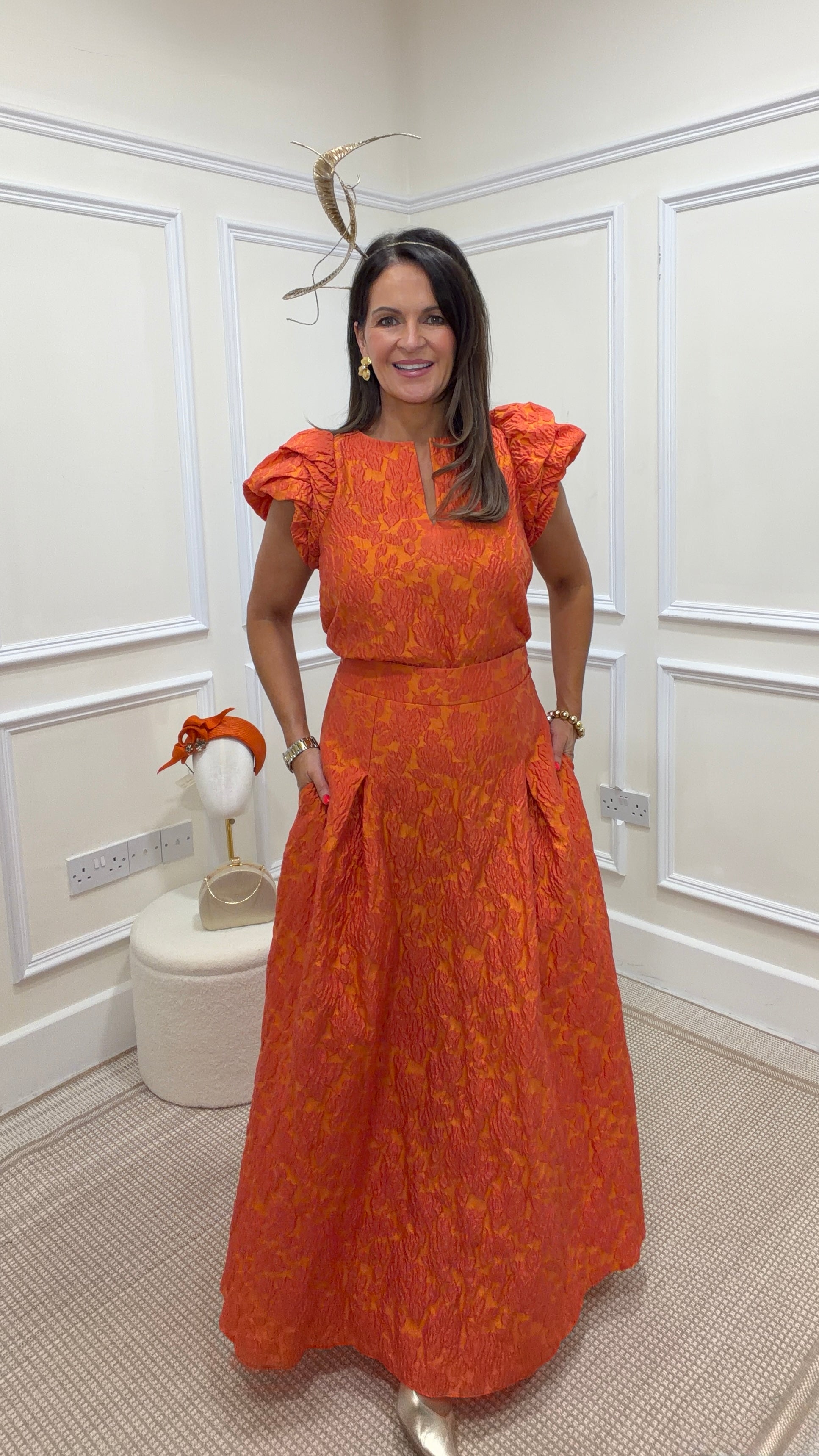 Roisin Linnane Halston Orange Jacquard Skirt