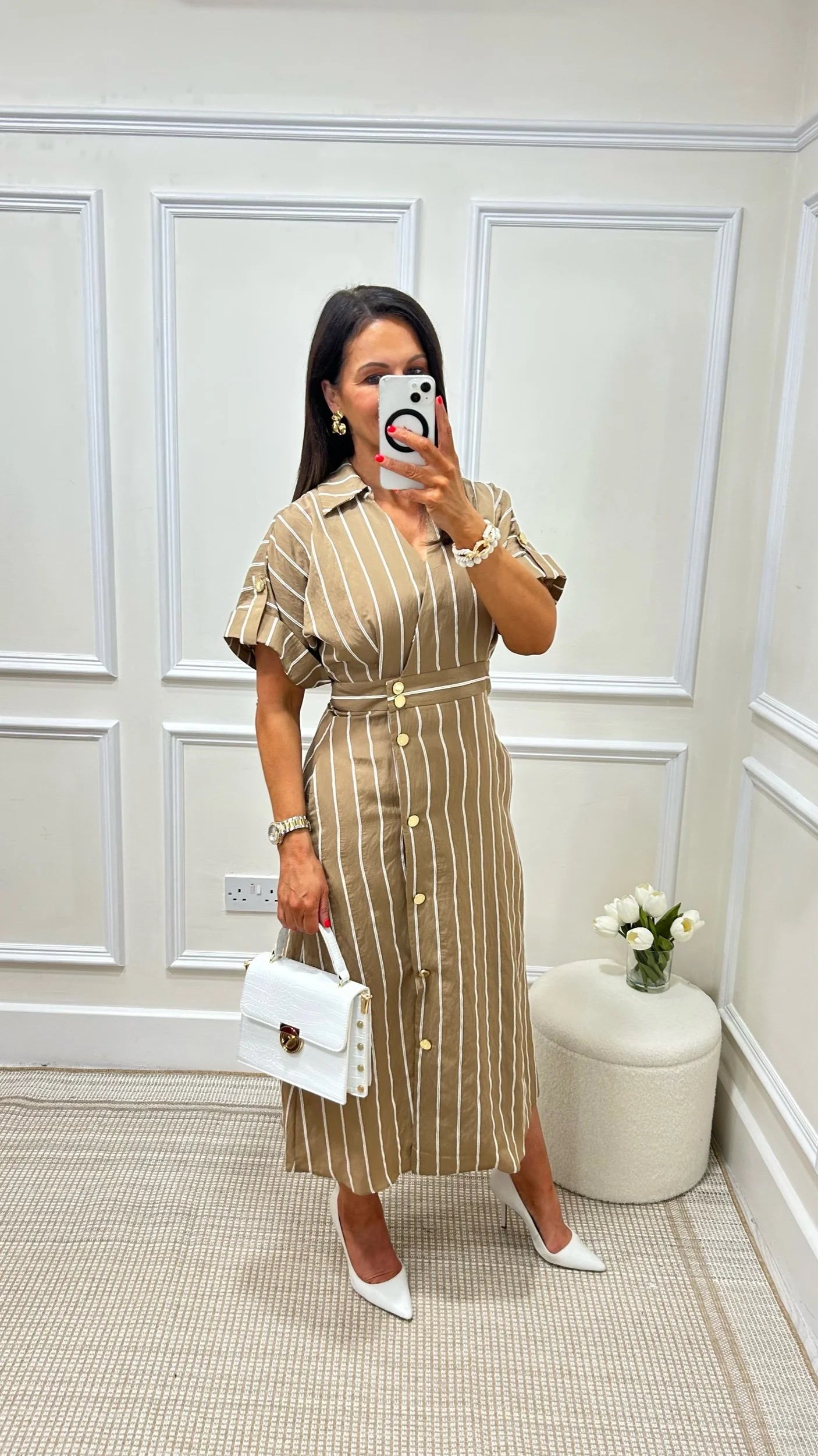 Amy Camel/White Stripe Dress