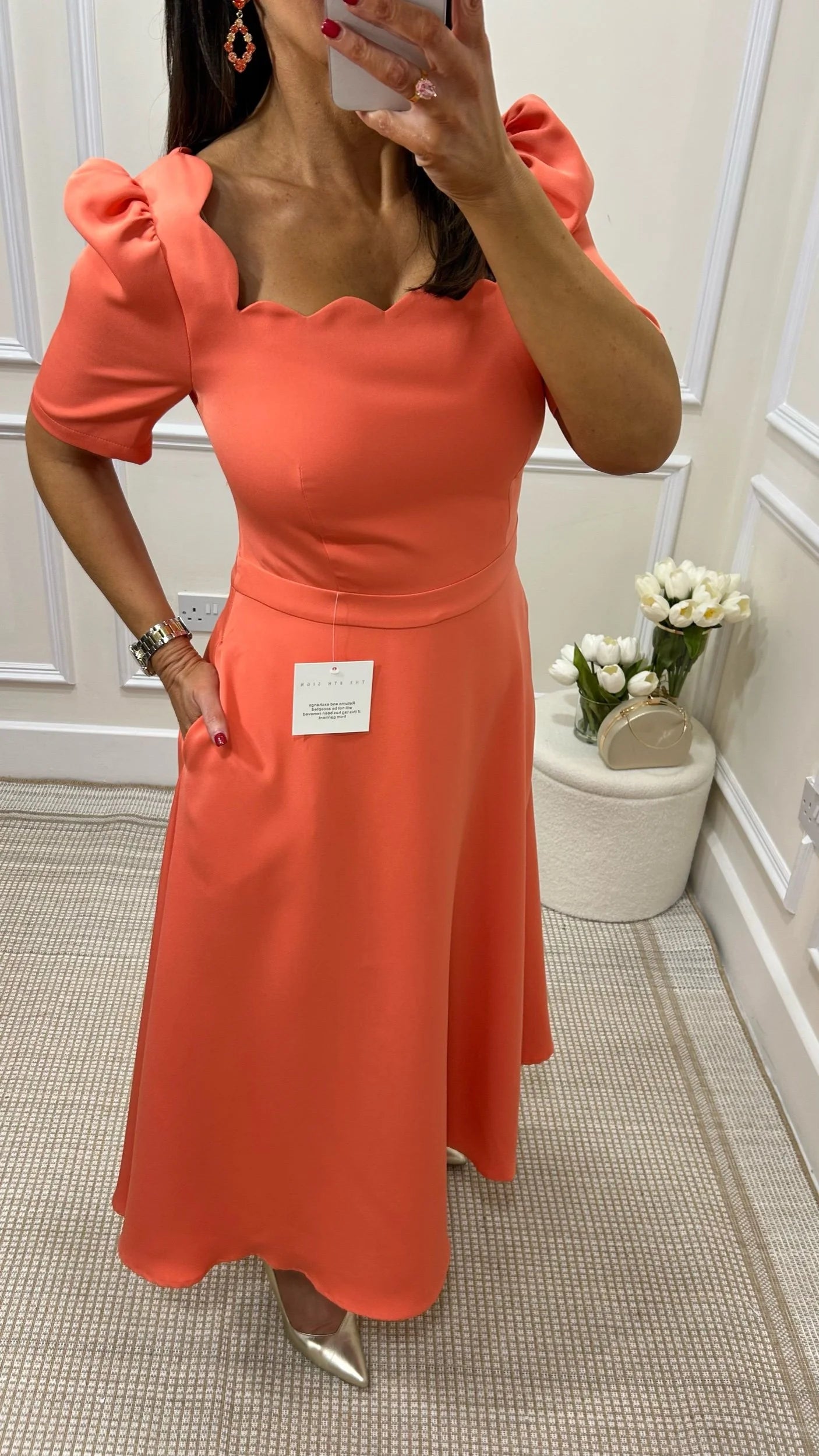 Livia Apricot Orange Square Neck Dress