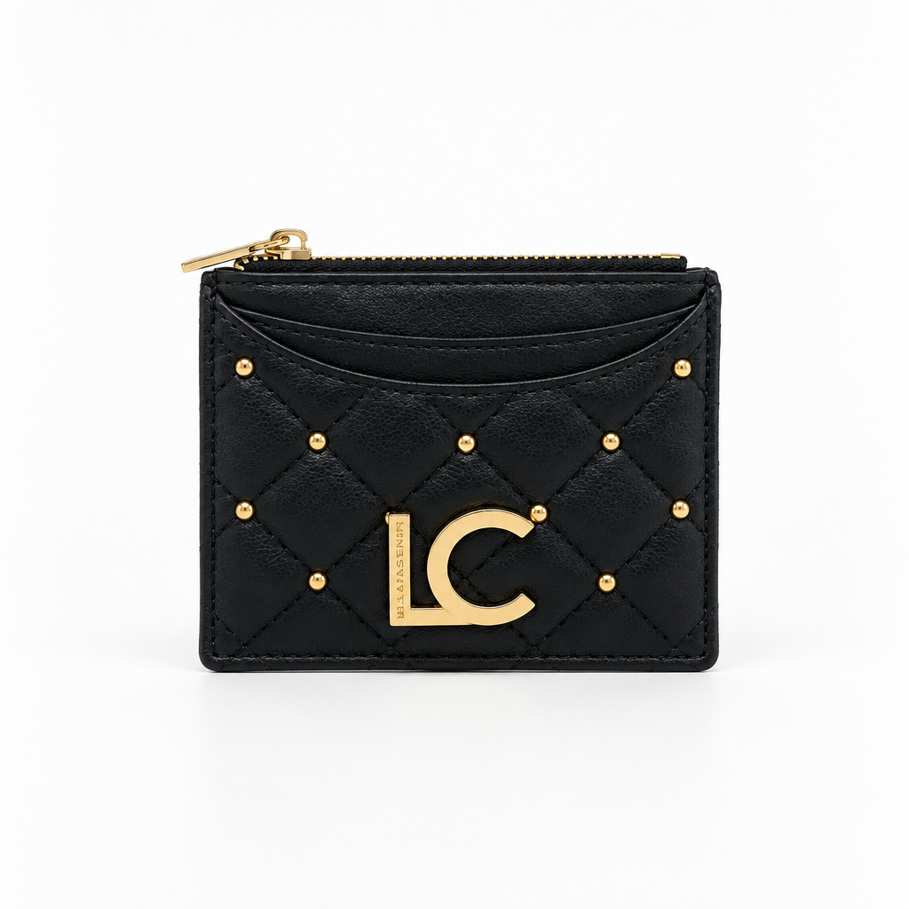 Sia Black Leather Card Holder with Gold Studs 